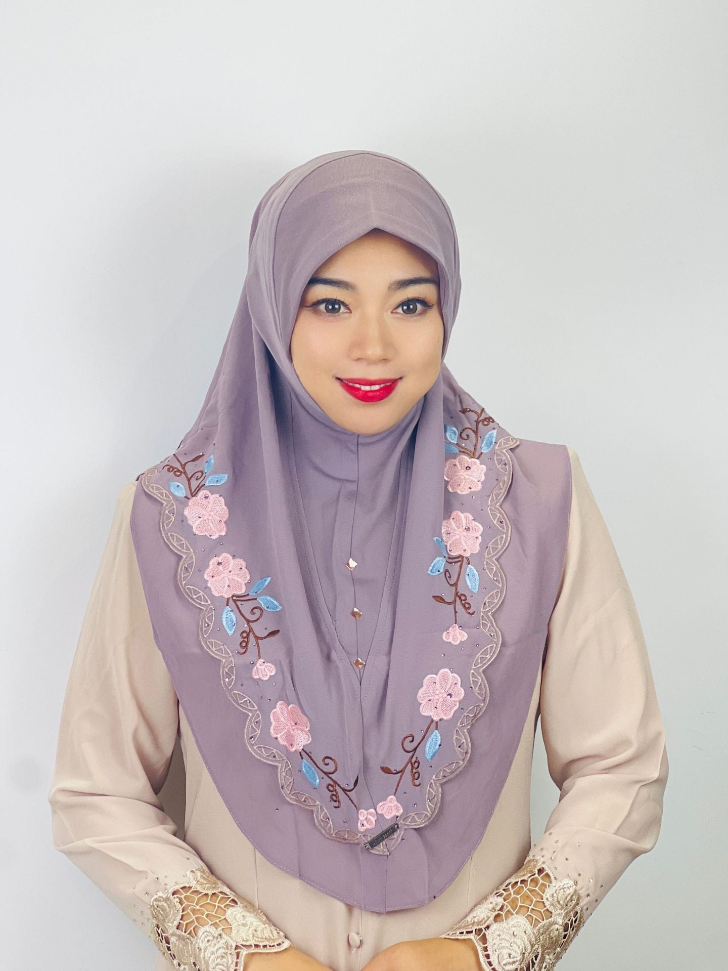 LUMAYA LM1105 Double Layered Floral Embroidered Lace Headscarf for Women