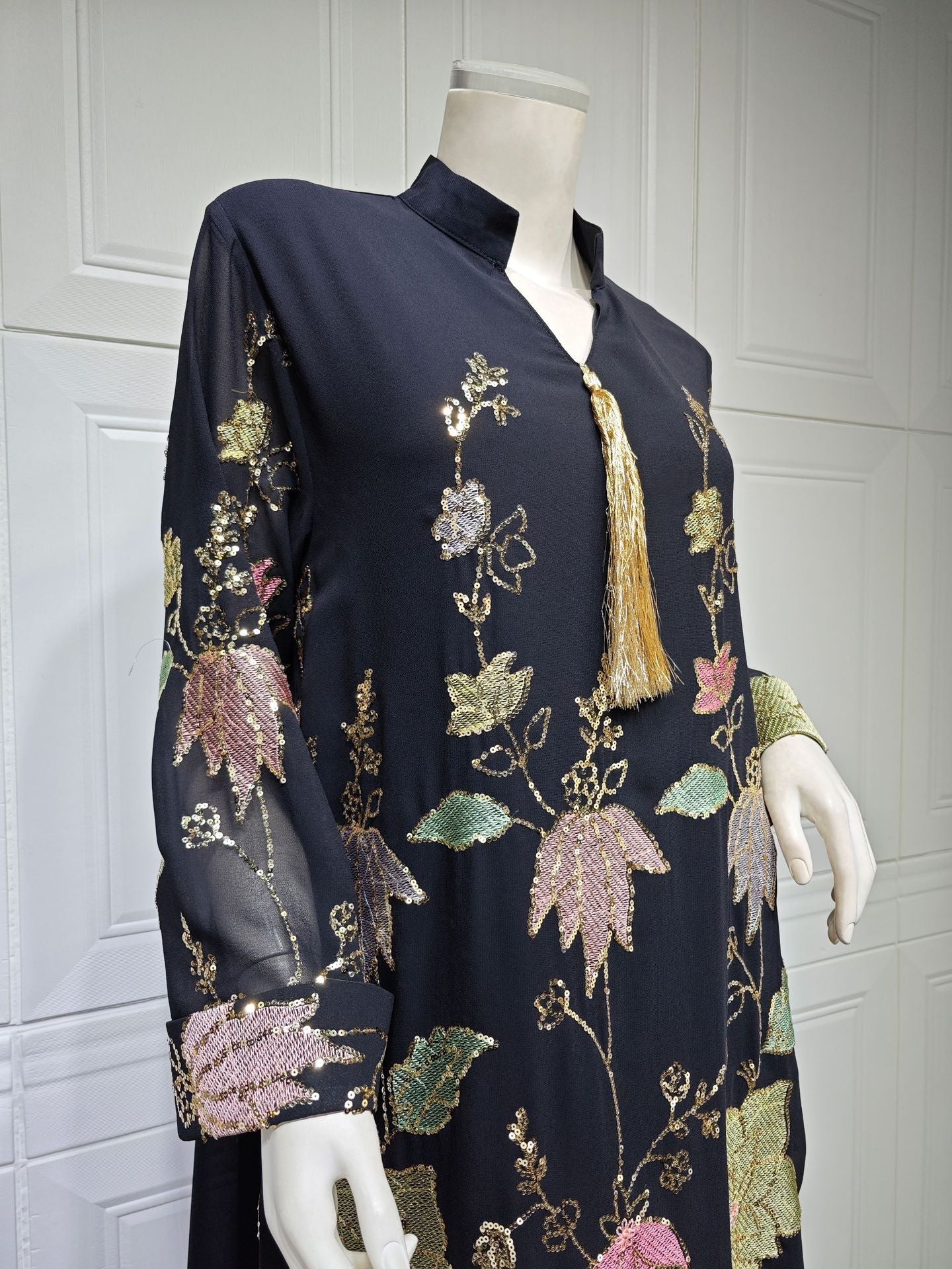 LM6649 Sequined Embroidered Tassel Long Robe, Elegant and Sophisticated Dress