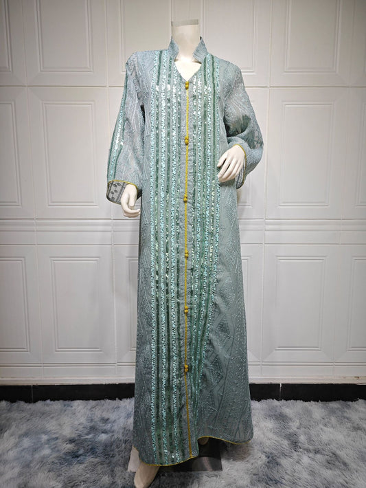 LM6662 Mesh embroidery sequin patchwork long-sleeved dress, loose robe style