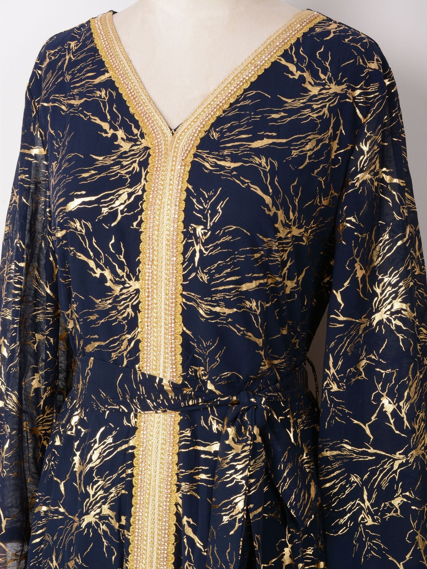 HS6731 V-neck gold-embroidered robe maxi dress