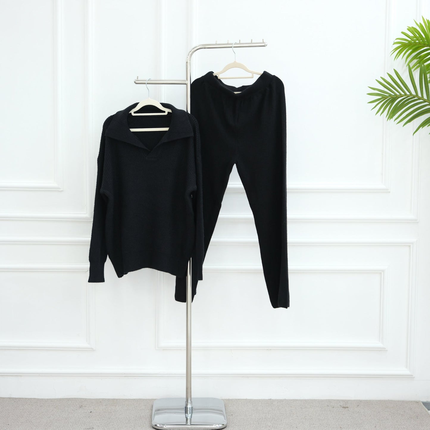 LM6594 Autumn and Winter Thickened Knitted Suit | Simple Solid Color Two-piece Suit