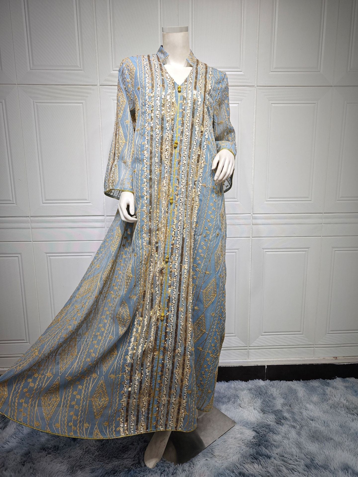 LM6662 Mesh embroidery sequin patchwork long-sleeved dress, loose robe style