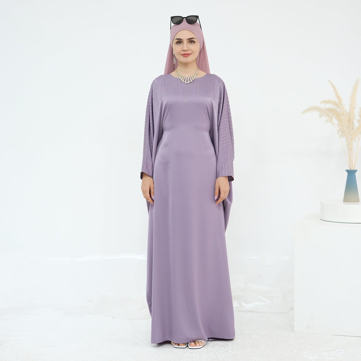 LM6610 Rhinestone-embellished long Abaya dress (headscarf not included)