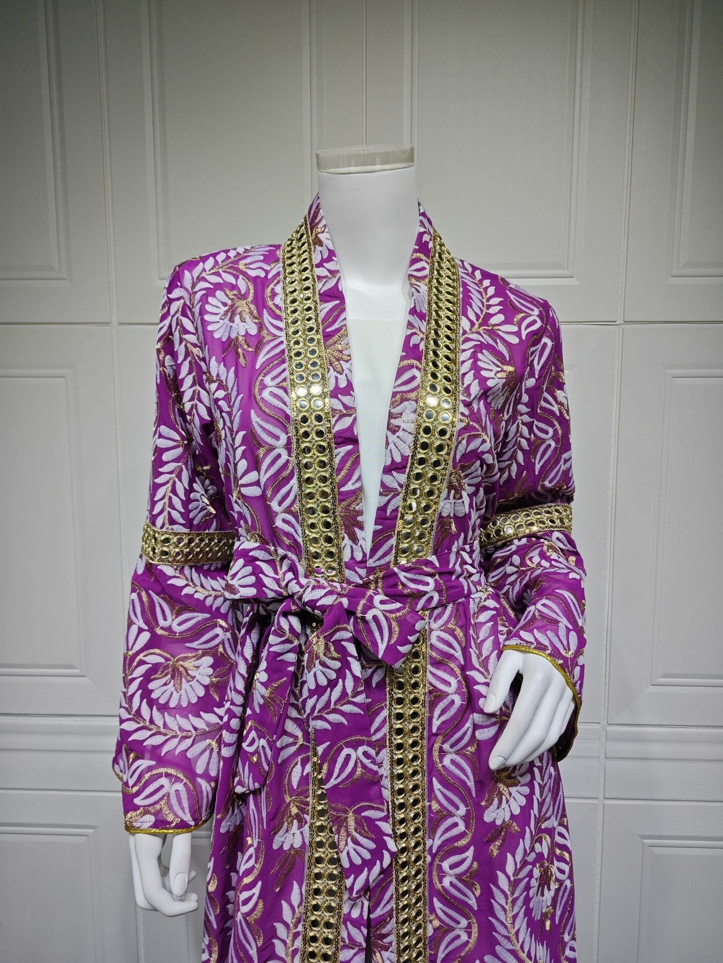 LM6664 Waist-cinching belted long dress set with lightweight printed jacket