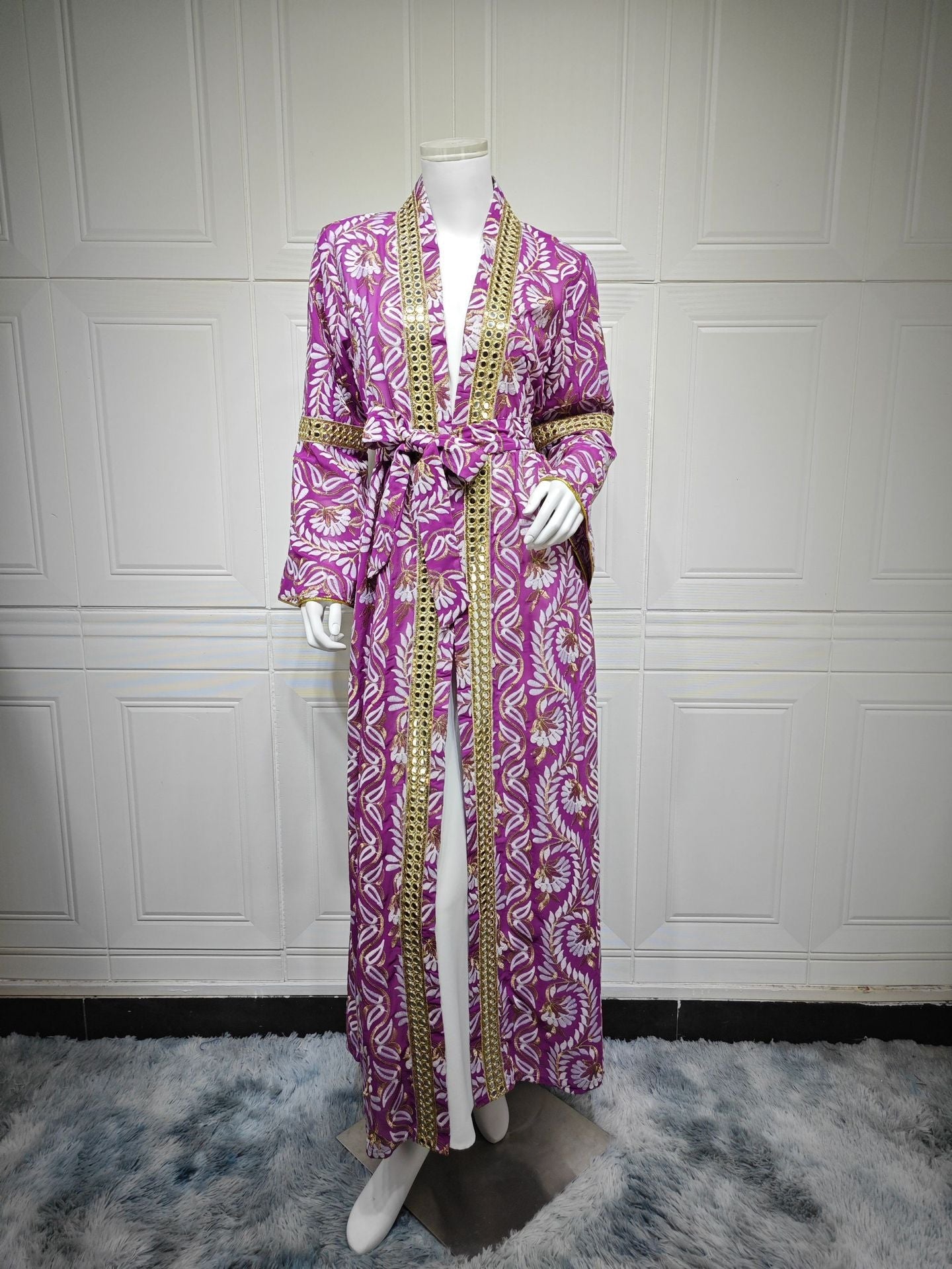 LM6664 Waist-cinching belted long dress set with lightweight printed jacket