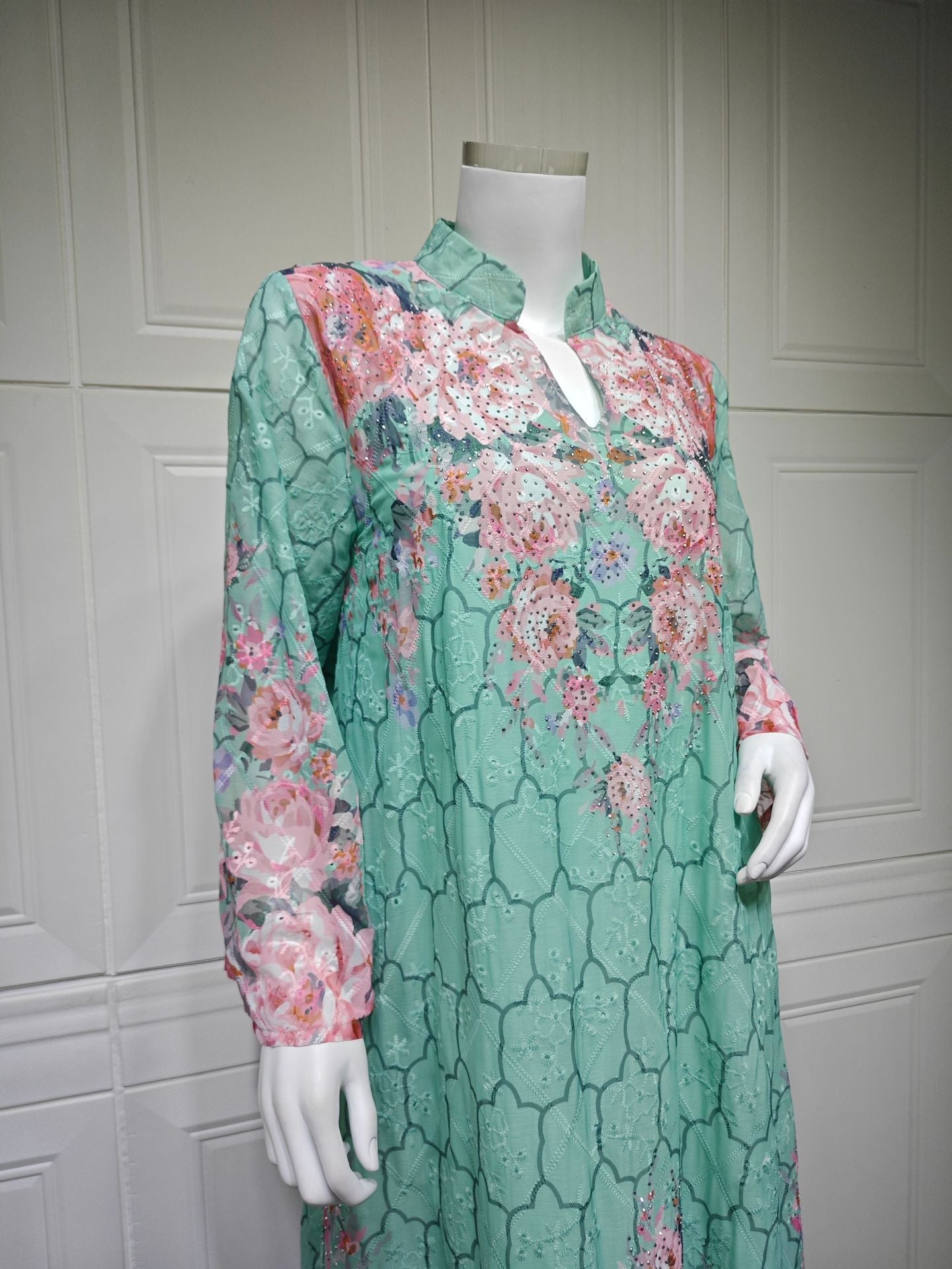 LM6636 Floral Print Embroidered Long Dress