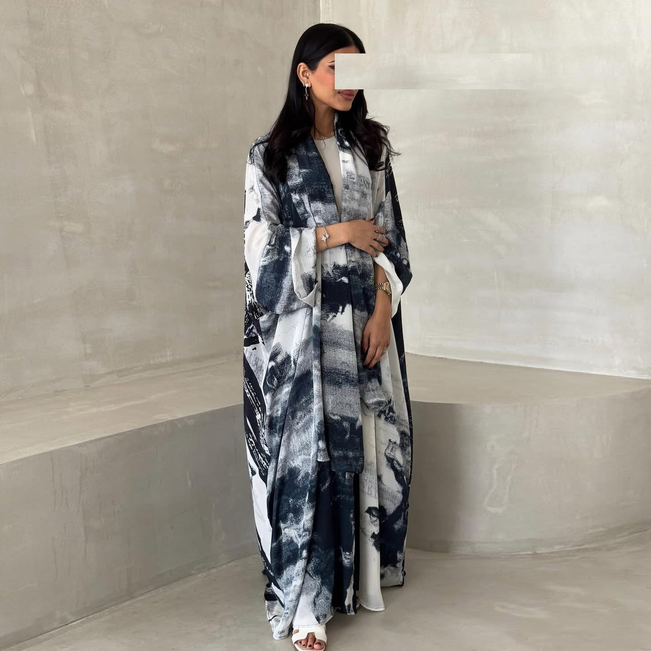 LM6638 Chiffon Printed Cardigan Two-piece Long Coat with Headscarf