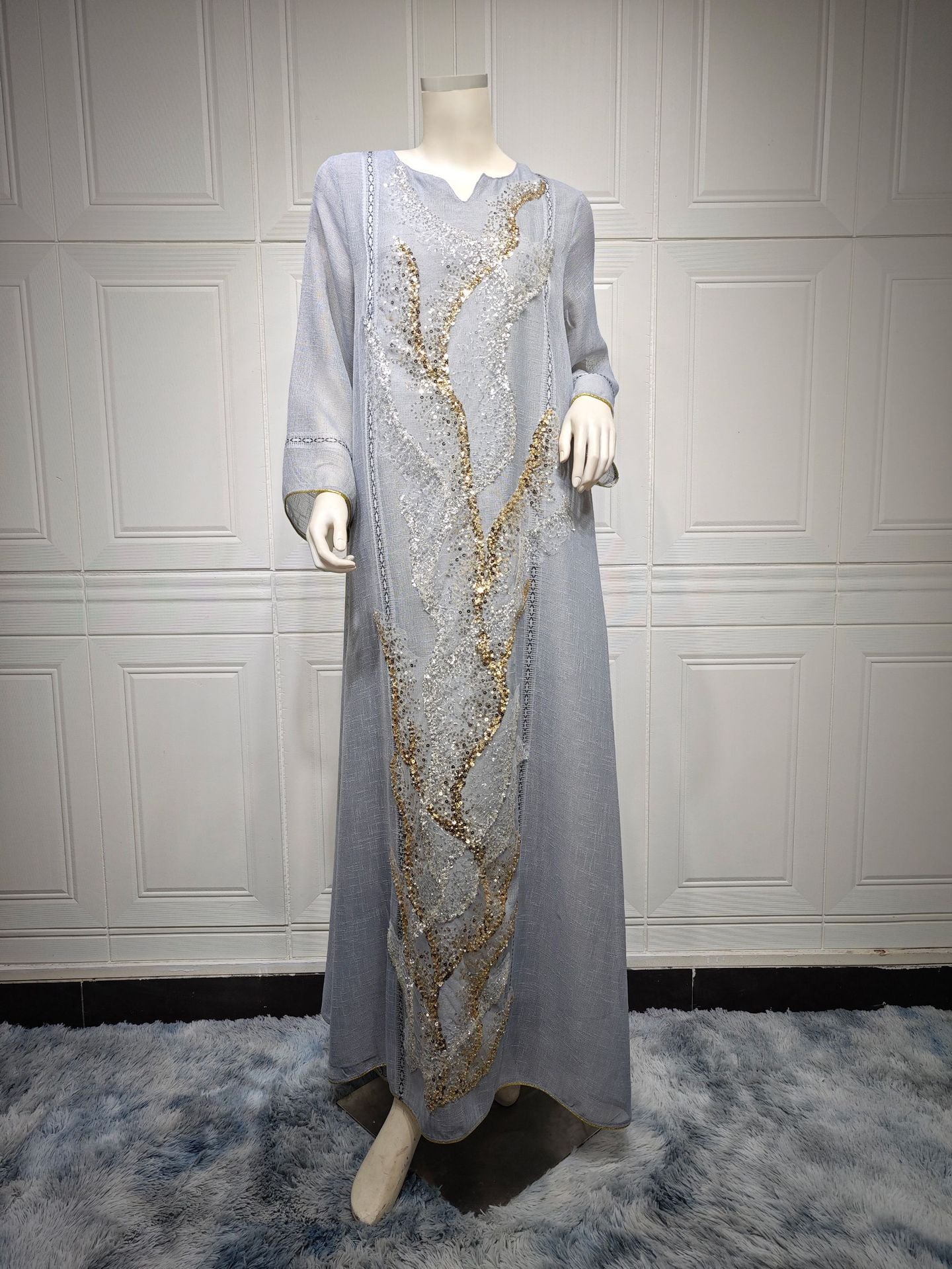 LM6637  Mesh Sequined Embroidered Long Dress