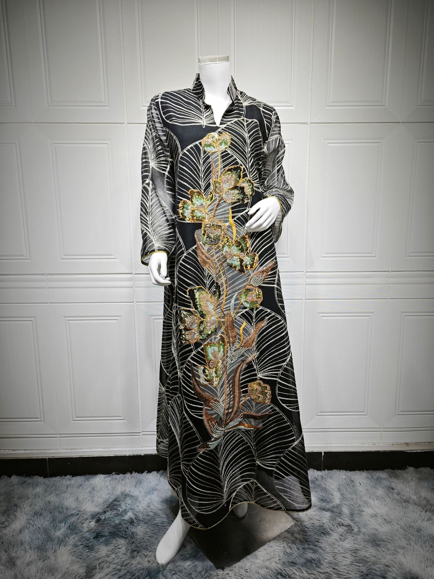 LM6657 Women's Long Robe Dress with Mesh Embroidery