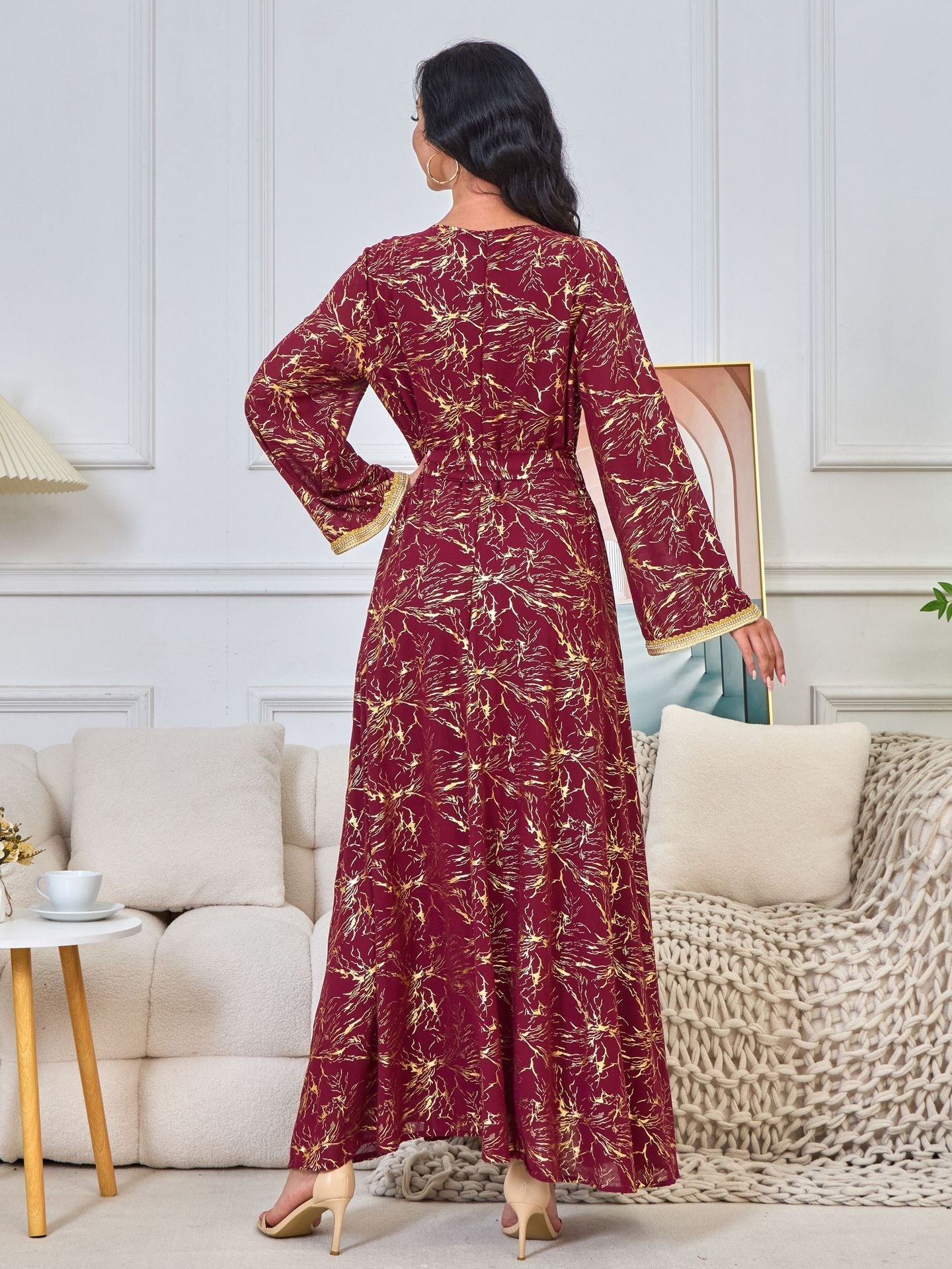 HS6731 V-neck gold-embroidered robe maxi dress