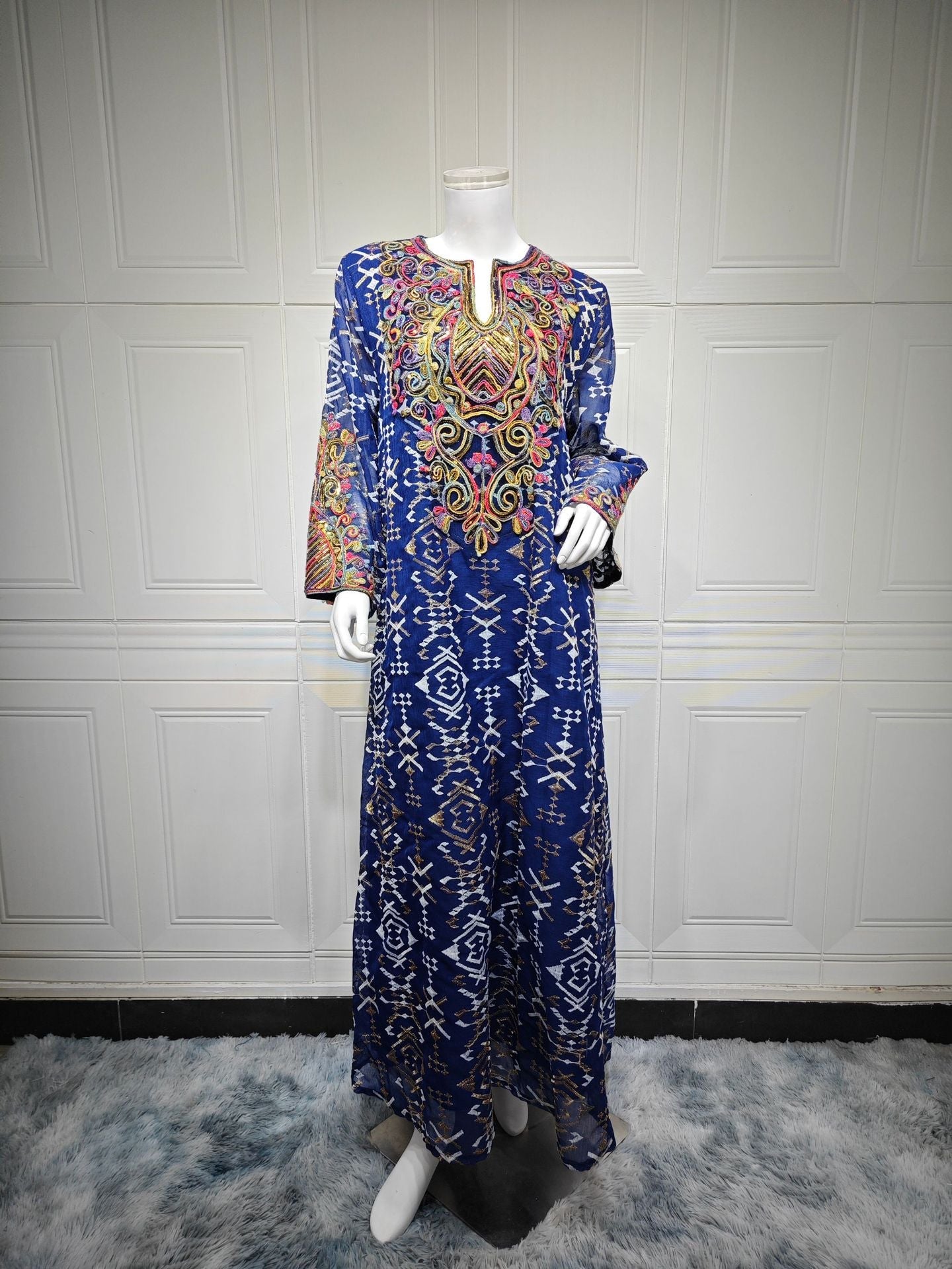 LM6663 Mesh Embroidery Patchwork Long-sleeved Dress, Robe-style Loose Fit