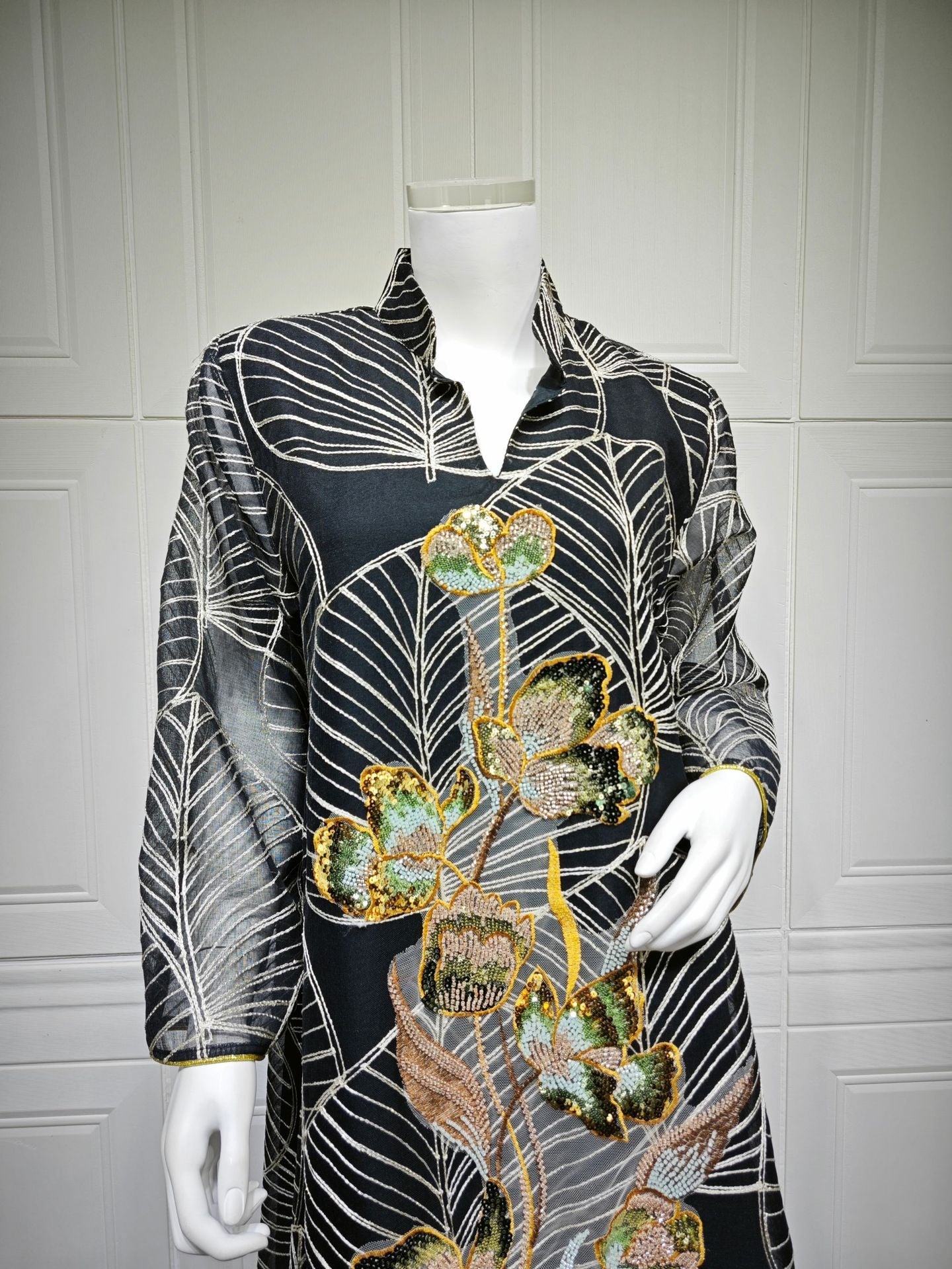 LM6657 Women's Long Robe Dress with Mesh Embroidery