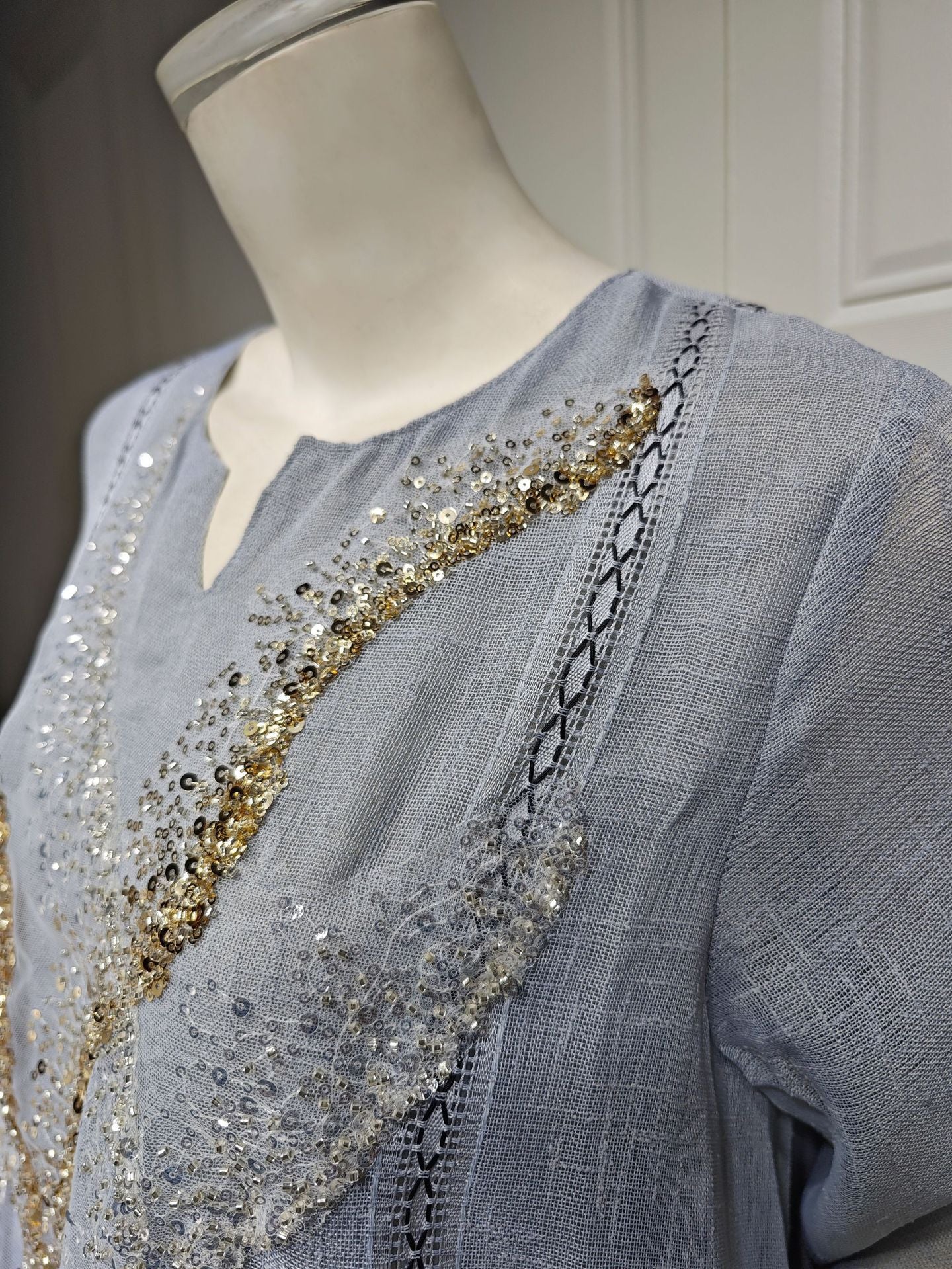 LM6637  Mesh Sequined Embroidered Long Dress
