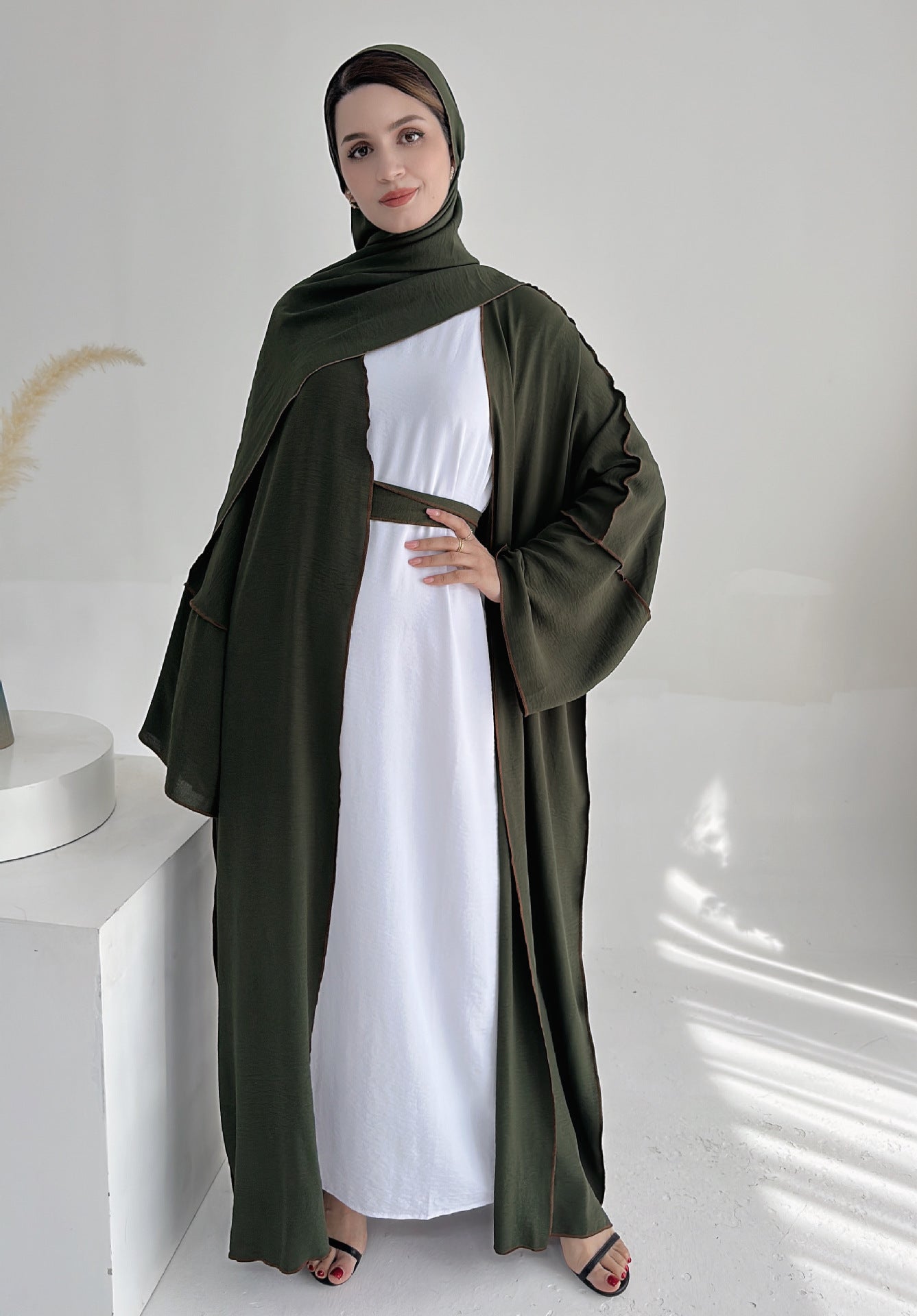 LMSA LM1246H 2 PCS SET Crepe Solid Color Loose Hem Cardigan Robe with Hijab