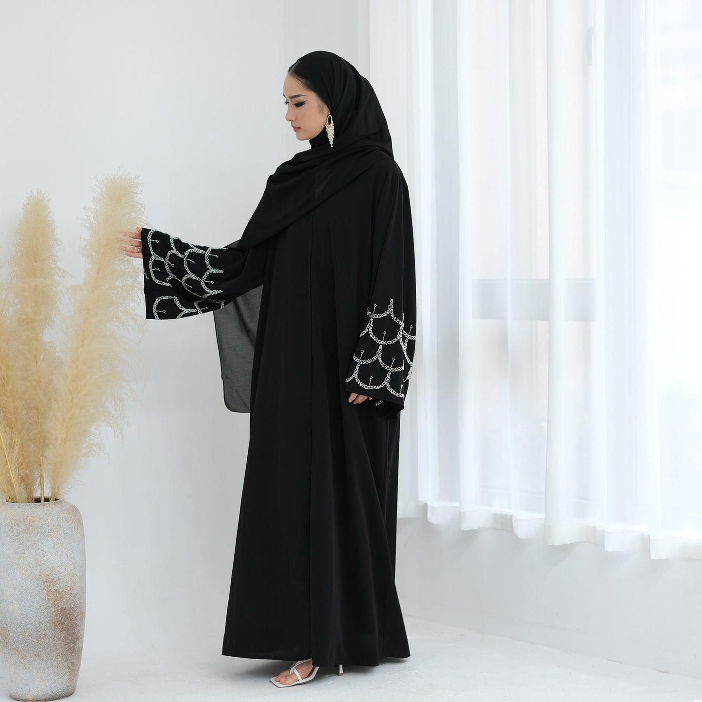 LM6608 Solid Color LMnd-beaded Long Cardigan (headscarf Not Included)