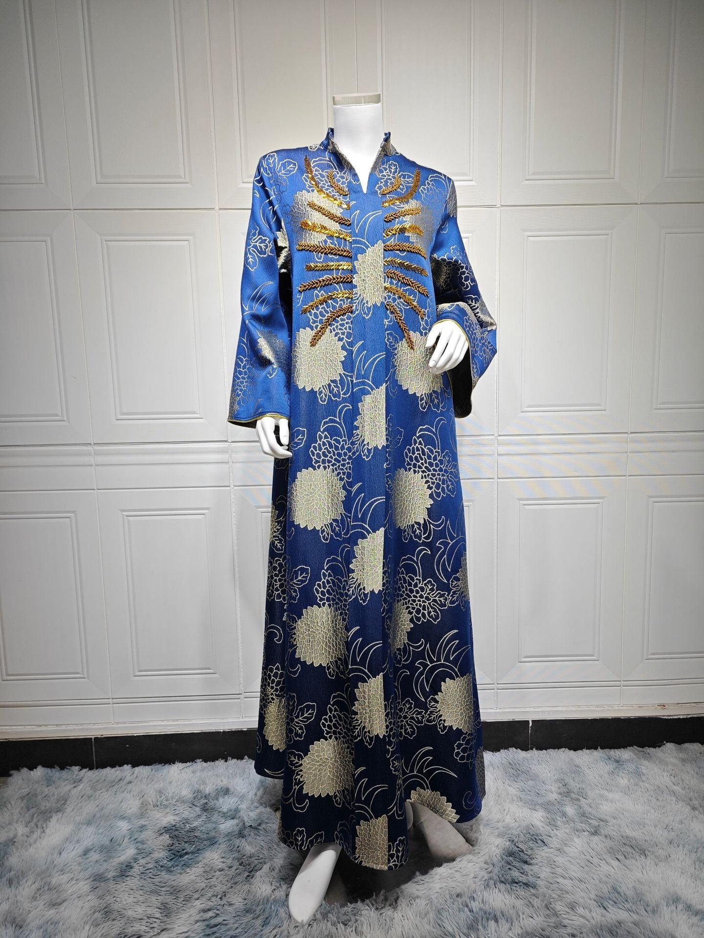 LM6656 V-neck jacquard beaded dress with elegant three-dimensional texture design