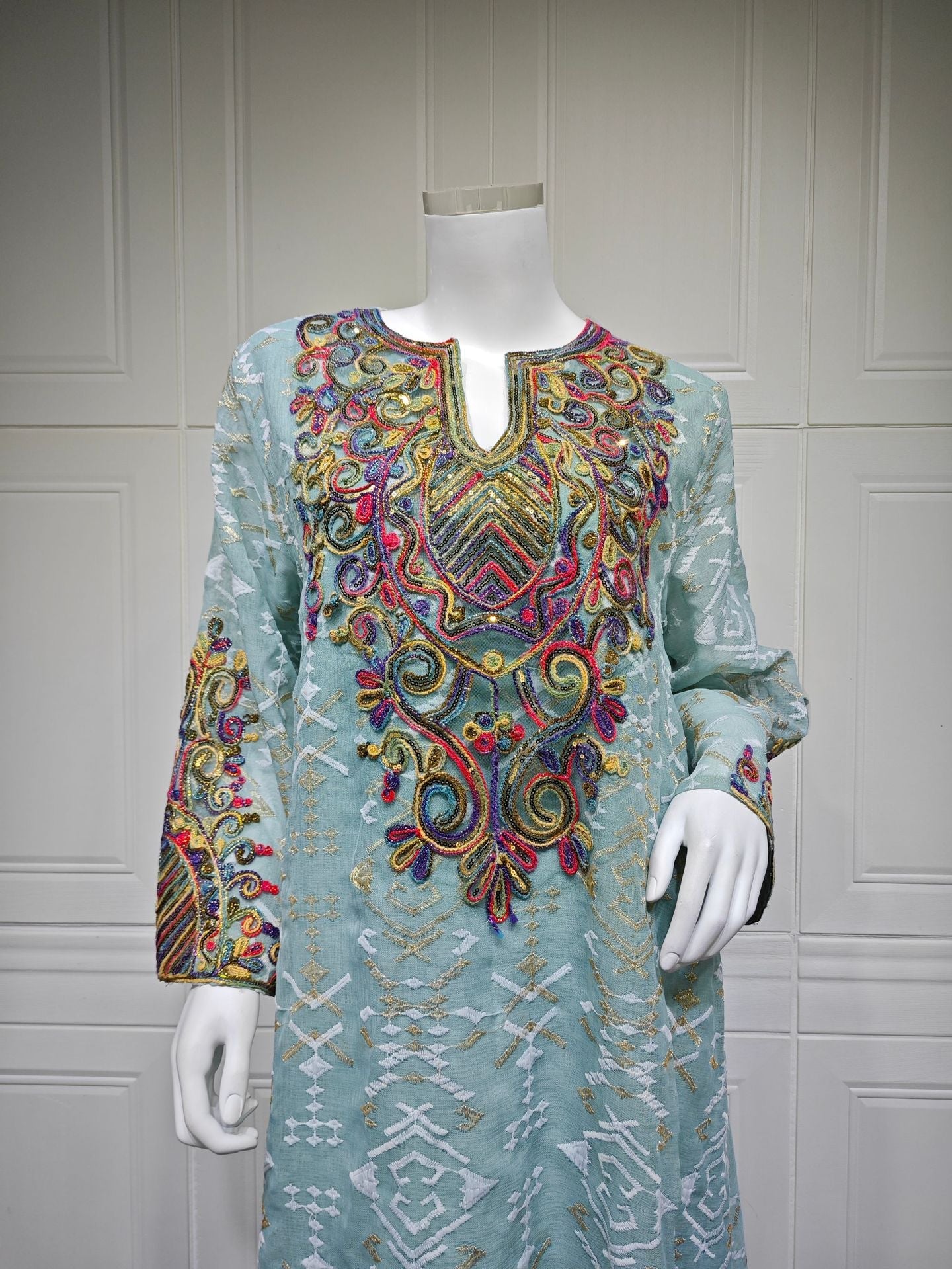 LM6663 Mesh Embroidery Patchwork Long-sleeved Dress, Robe-style Loose Fit
