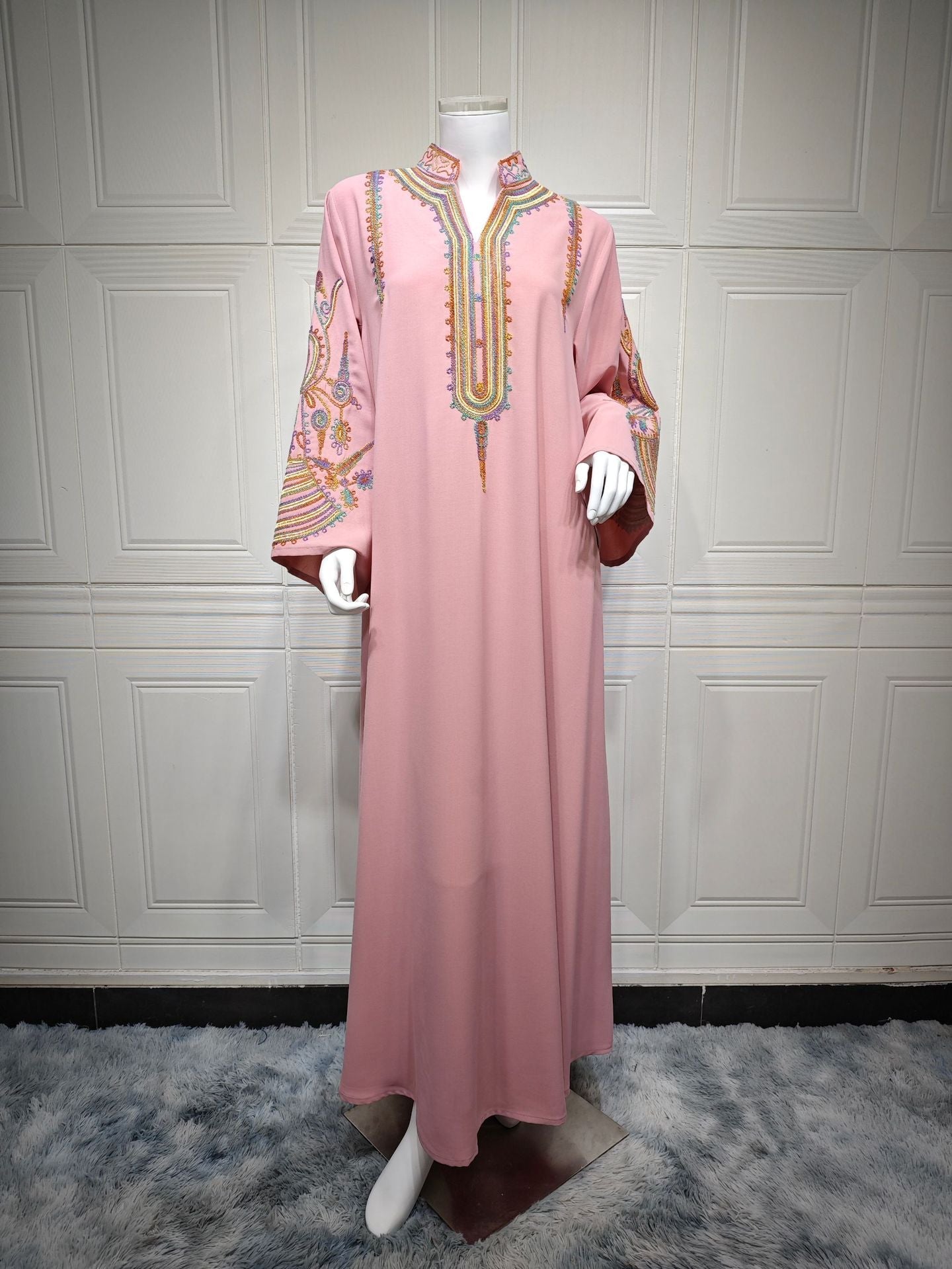 LM6661 Rope Embroidery Pullover Robe Dress, Long Sleeves, Loose Fit.