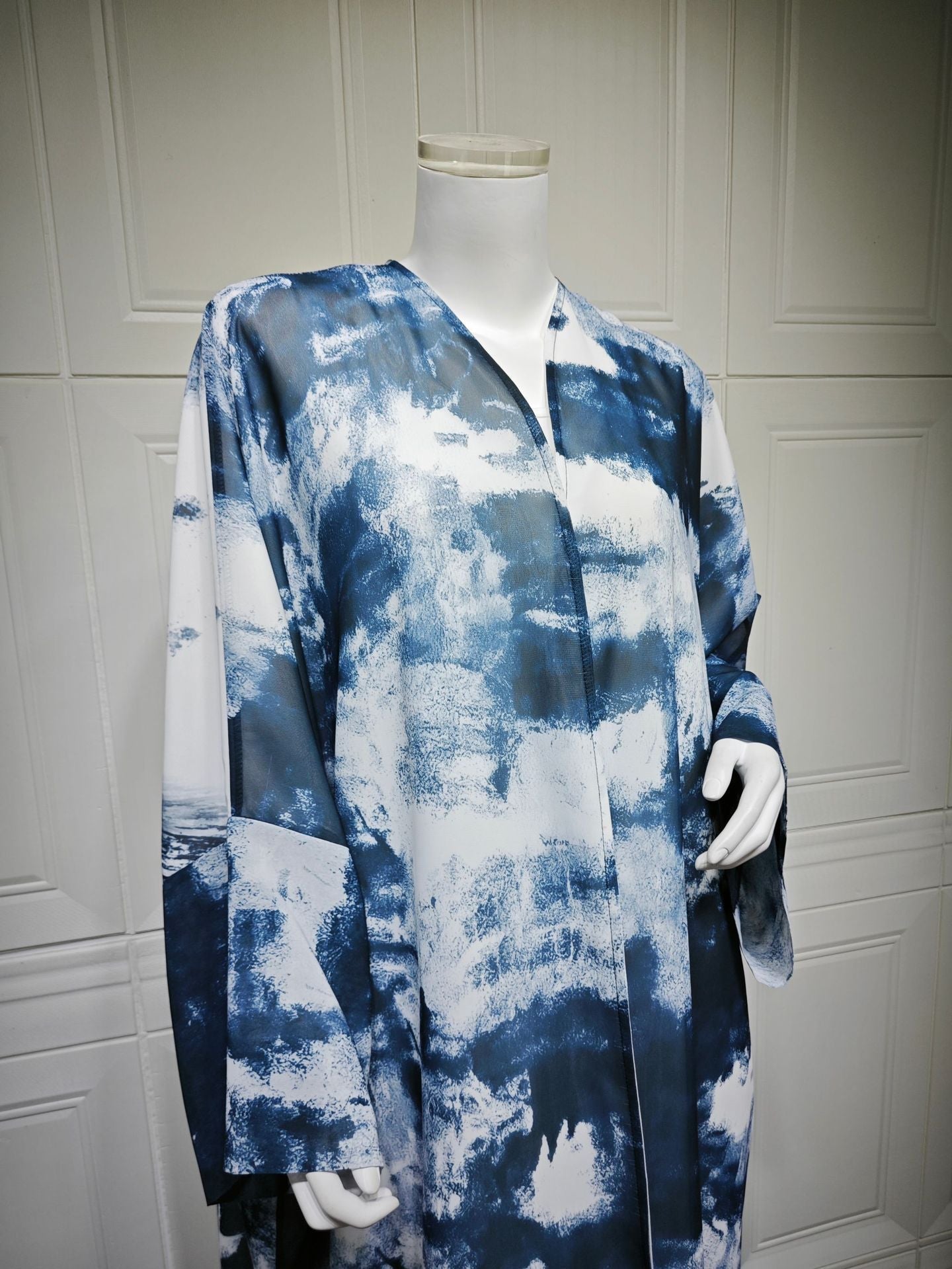 LM6638 Chiffon Printed Cardigan Two-piece Long Coat with Headscarf