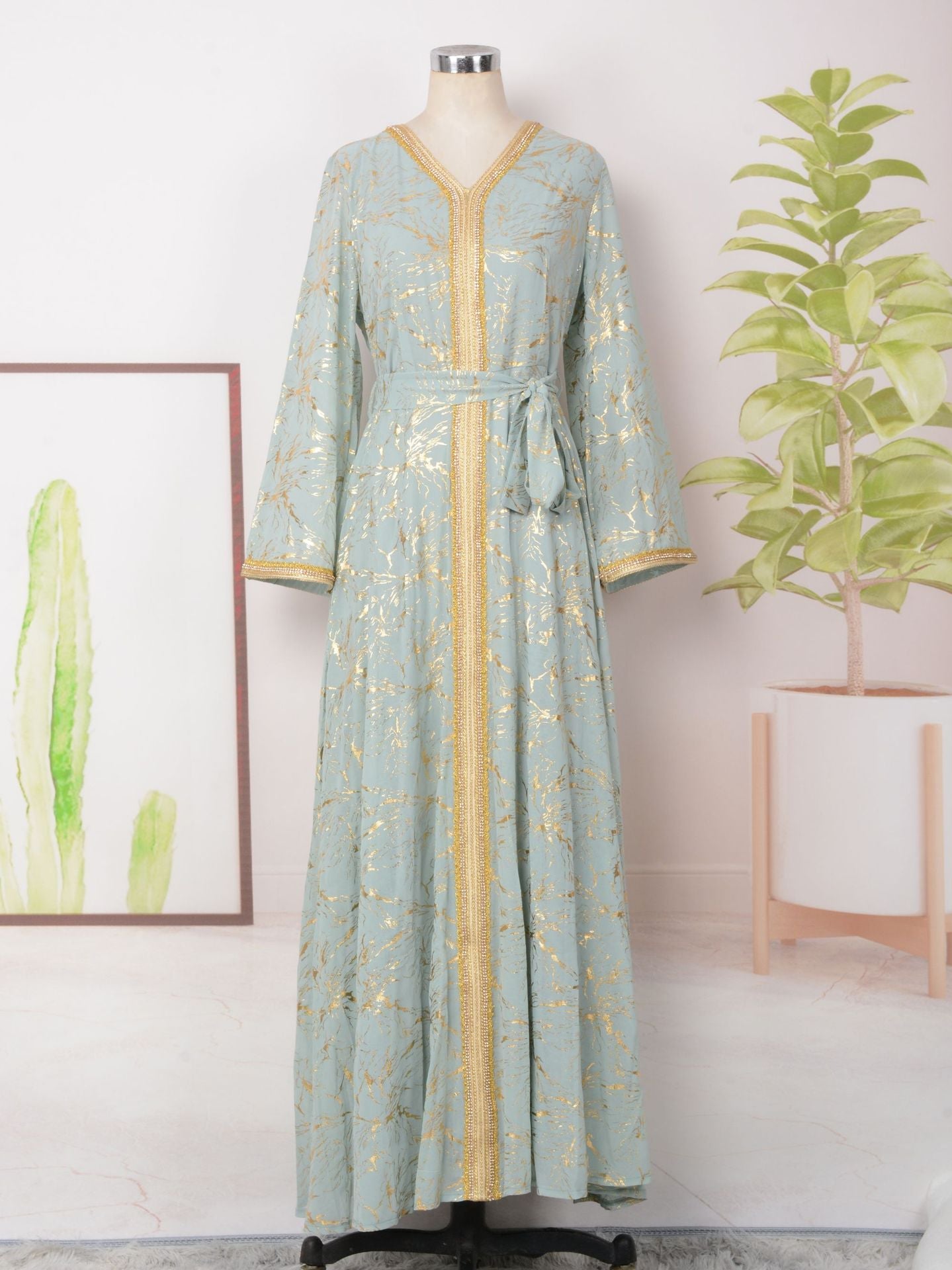 HS6731 V-neck gold-embroidered robe maxi dress