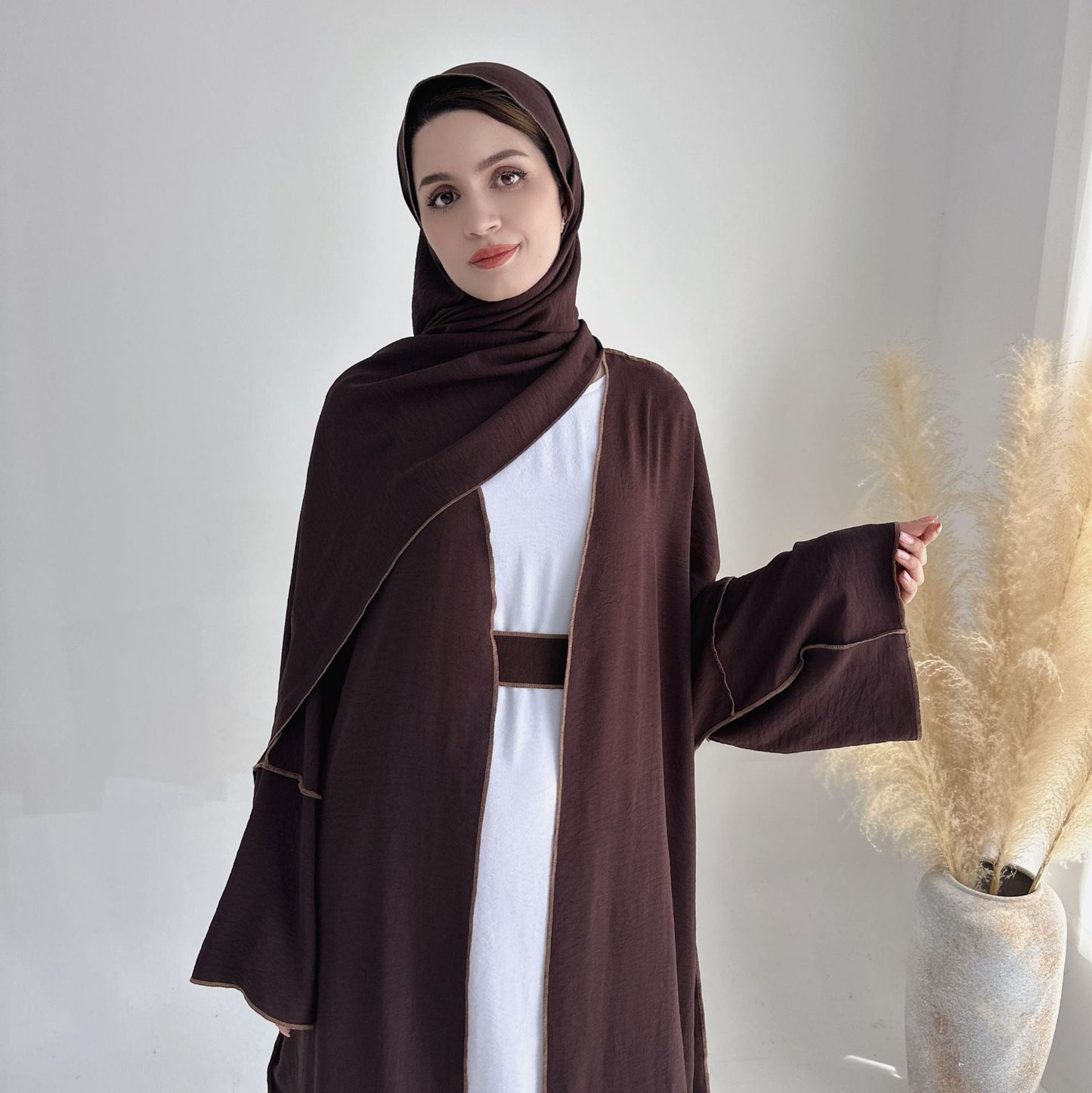 LMSA LM1246H 2 PCS SET Crepe Solid Color Loose Hem Cardigan Robe with Hijab