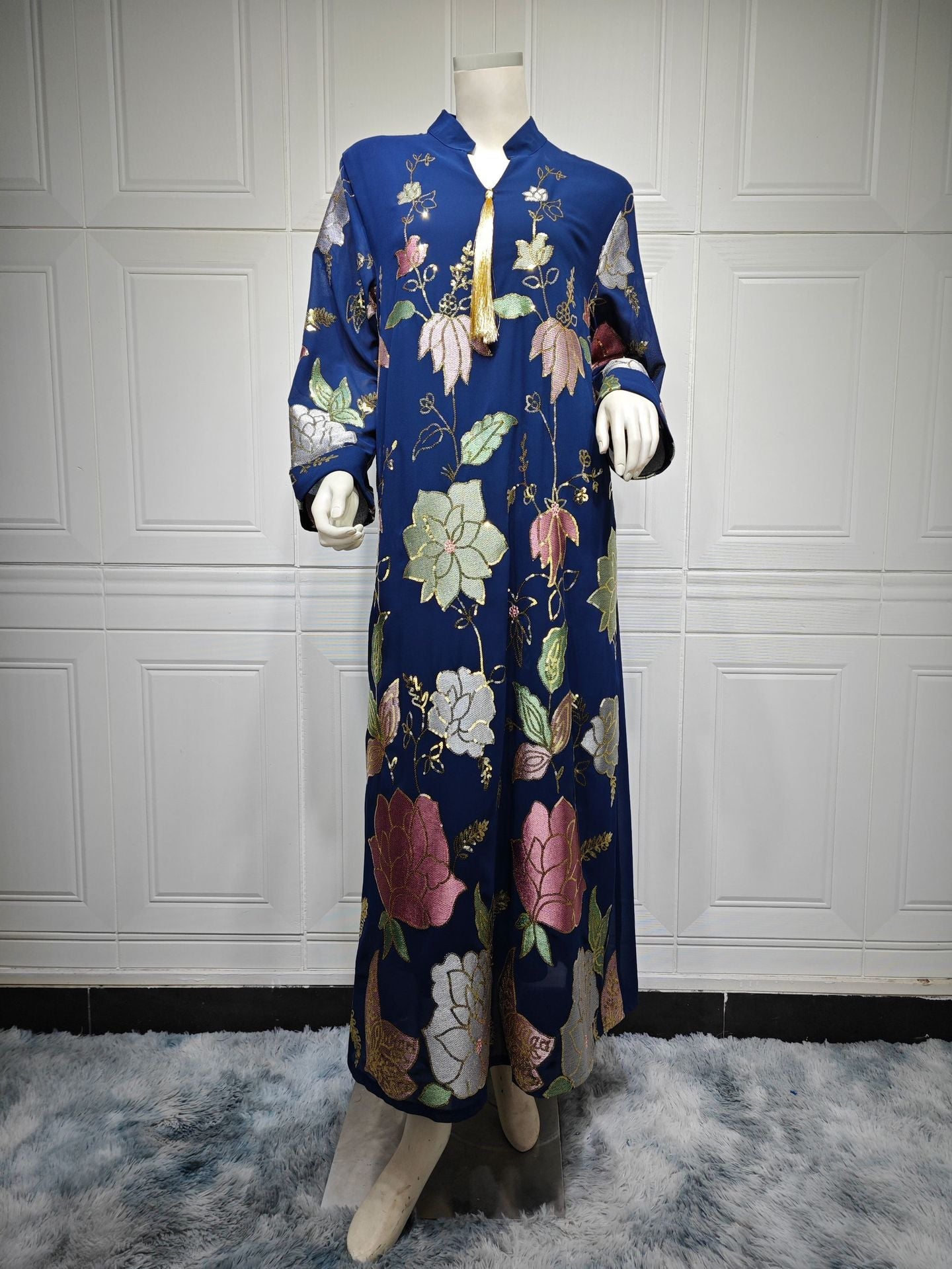 LM6649 Sequined Embroidered Tassel Long Robe, Elegant and Sophisticated Dress