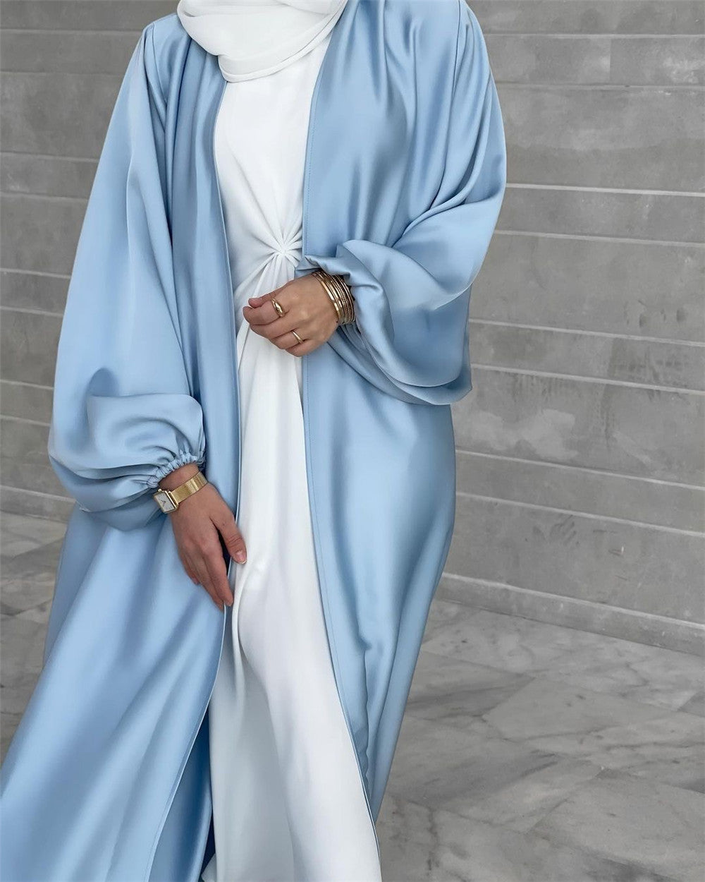 LUMAYA0481 Solid Color Satin Coat Robe Open Abaya