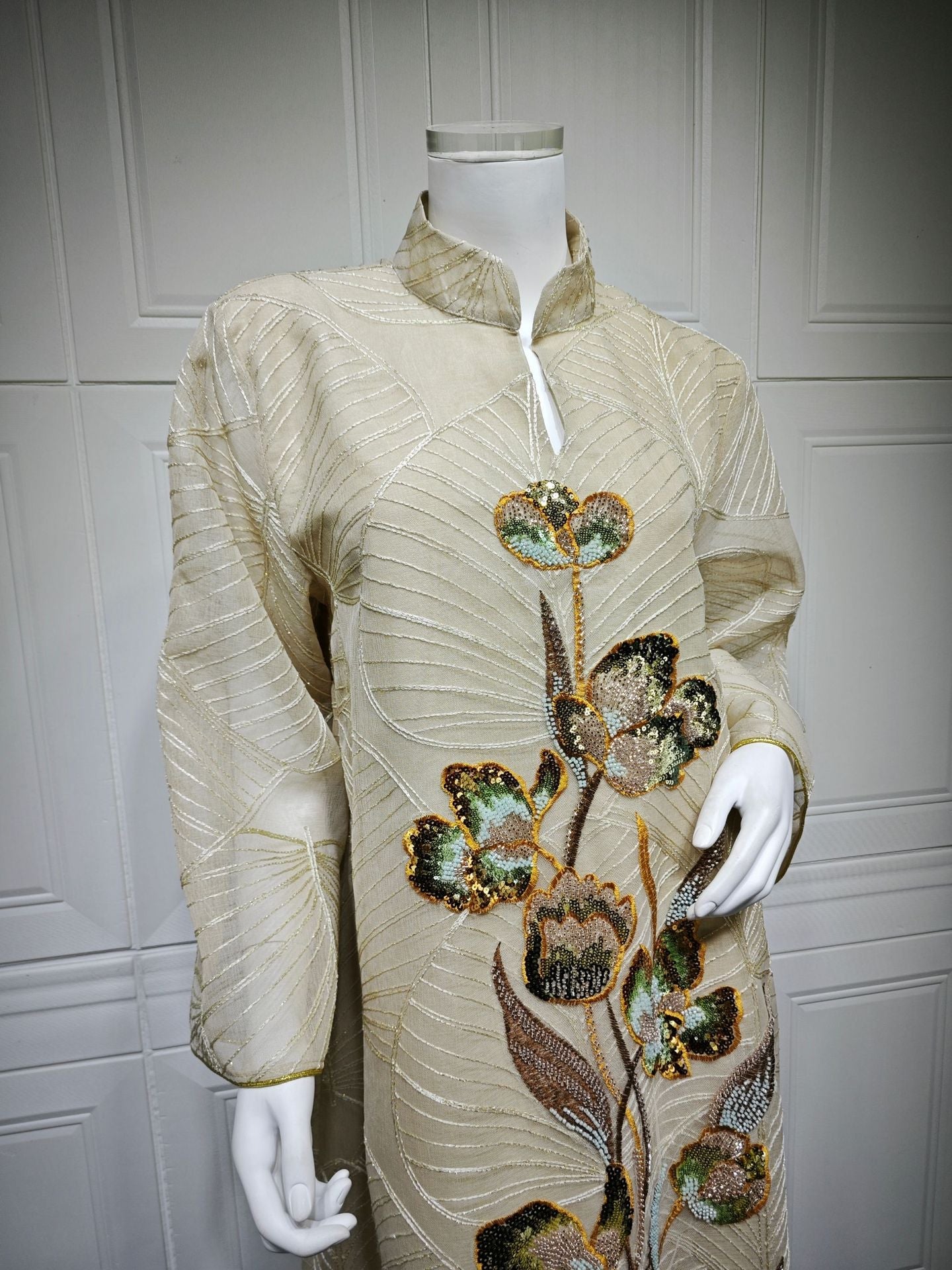 LM6657 Women's Long Robe Dress with Mesh Embroidery