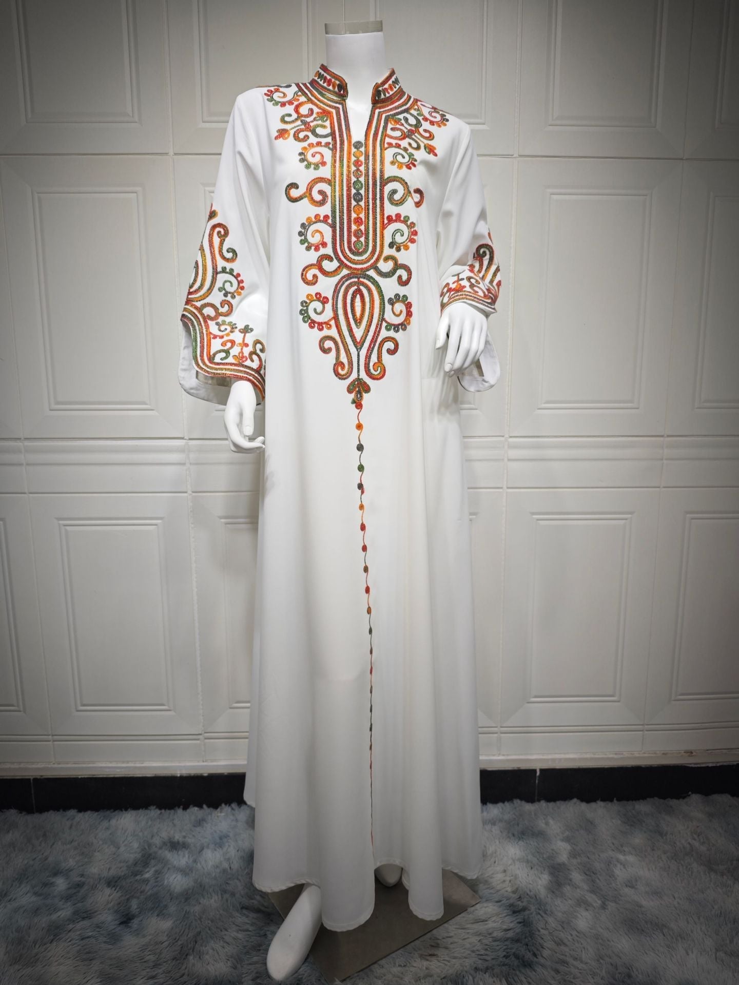 LM6652 Rope embroidery midi dress with elegant stand-up collar design