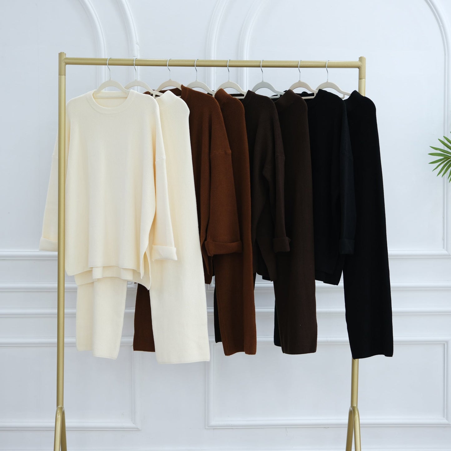 LM6599 Autumn and Winter Thickened Knitted Suit Solid Color Two-piece Suit (excluding Headscarf) Top + Trousers