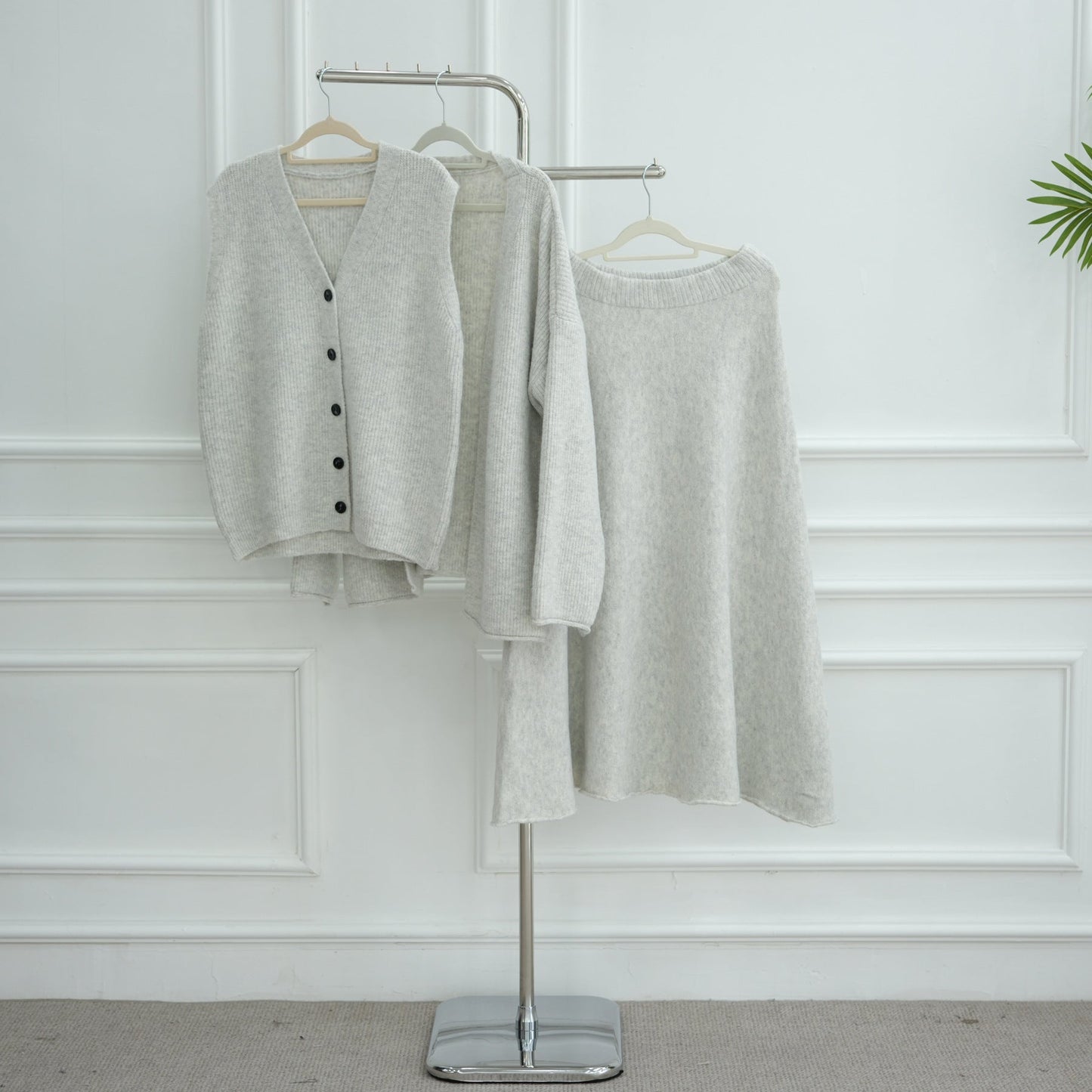 LM6596 Autumn and winter thickened knitted three-piece suit (excluding headscarf) vest + cardigan + skirt