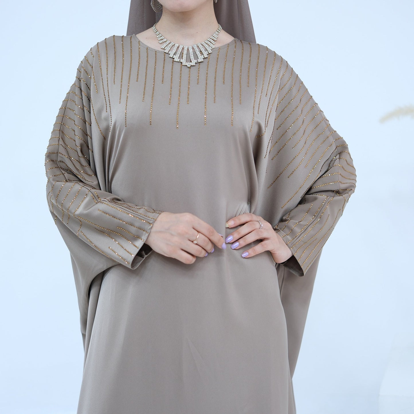 LM6610 Rhinestone-embellished long Abaya dress (headscarf not included)