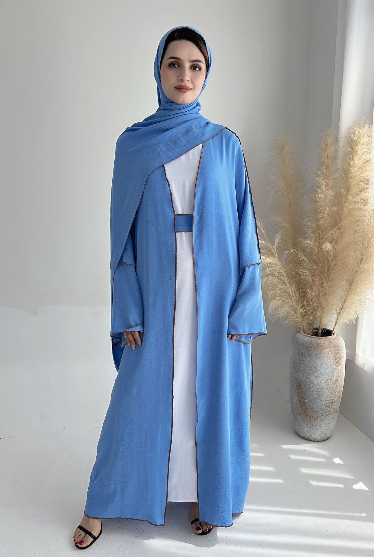 LMSA LM1246H 2 PCS SET Crepe Solid Color Loose Hem Cardigan Robe with Hijab