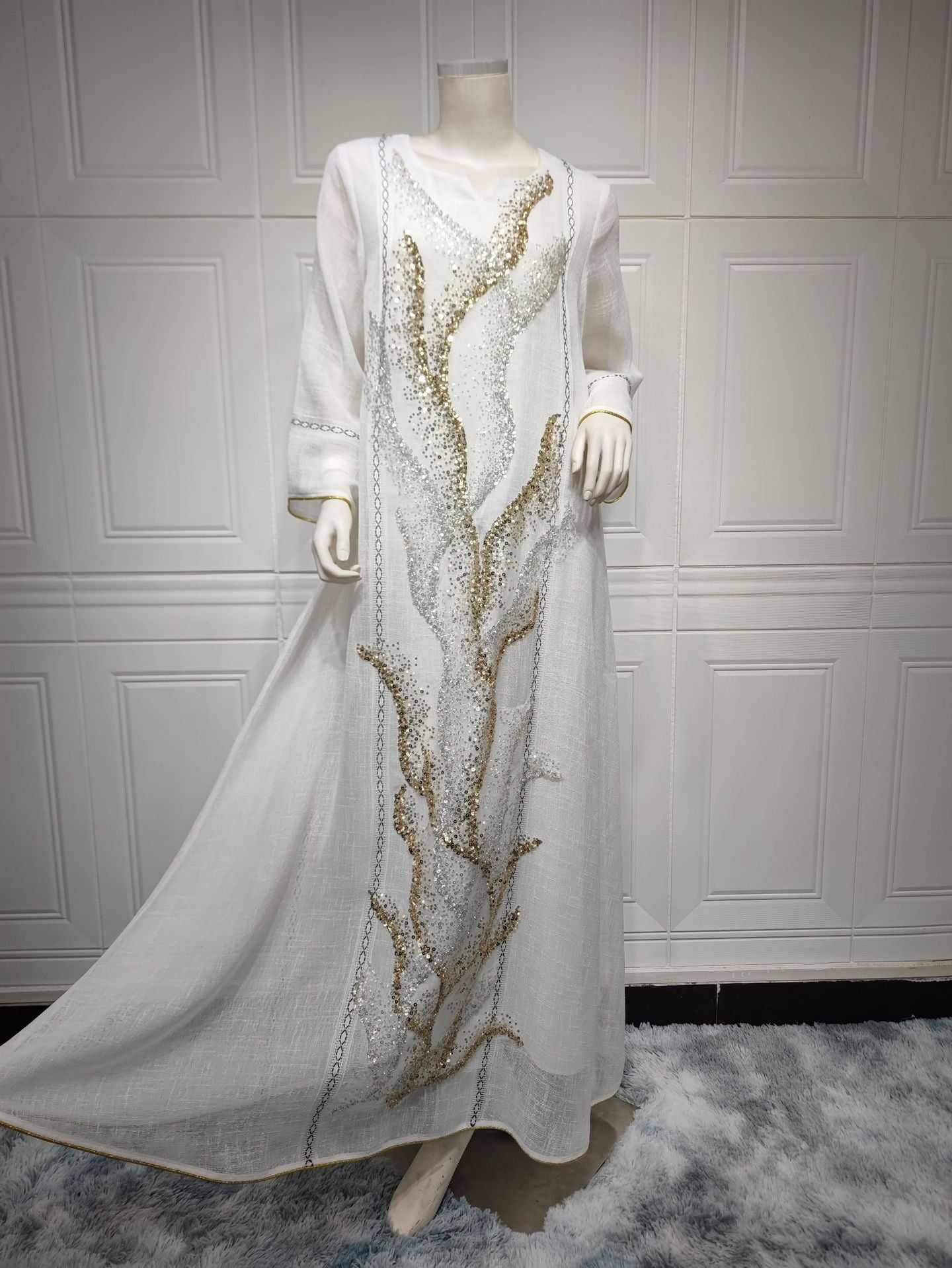 LM6637  Mesh Sequined Embroidered Long Dress