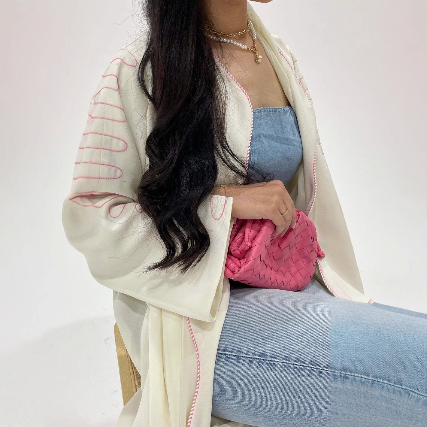 LM6582 Abaya Long Embroidered Wavy Edge Cardigan