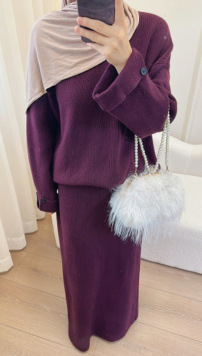 LM6597 Autumn and winter thickened knitted suit solid color two-piece suit (excluding headscarf) top + skirt