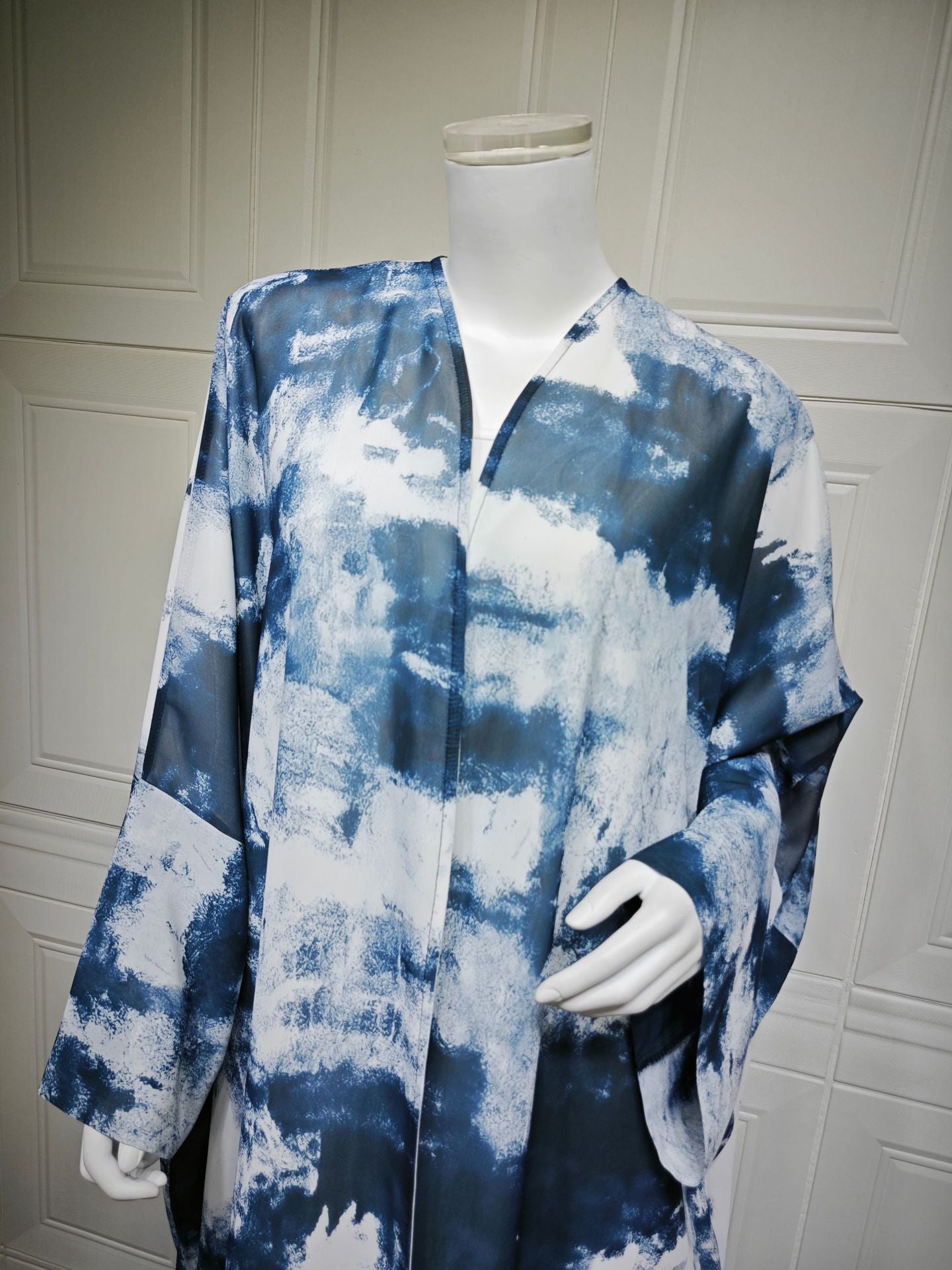 LM6638 Chiffon Printed Cardigan Two-piece Long Coat with Headscarf