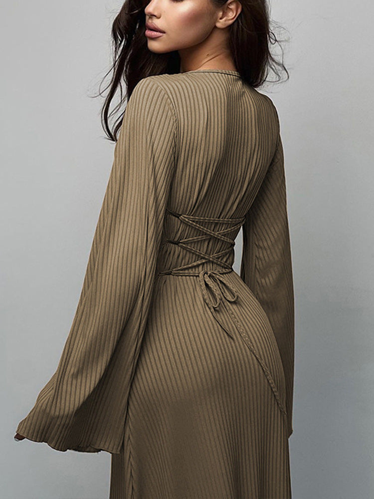 LUMAYA LUMAYA0676 Flared Long Sleeved High Waist Maxi Skirt with Lace-up Back