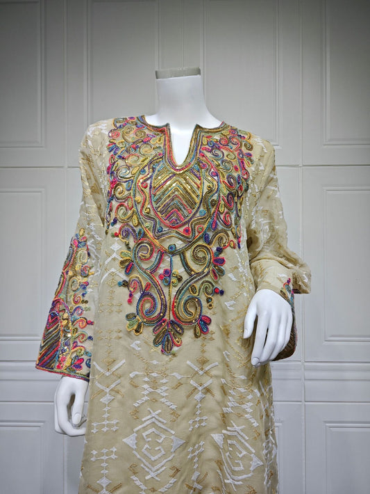 LM6663 Mesh Embroidery Patchwork Long-sleeved Dress, Robe-style Loose Fit