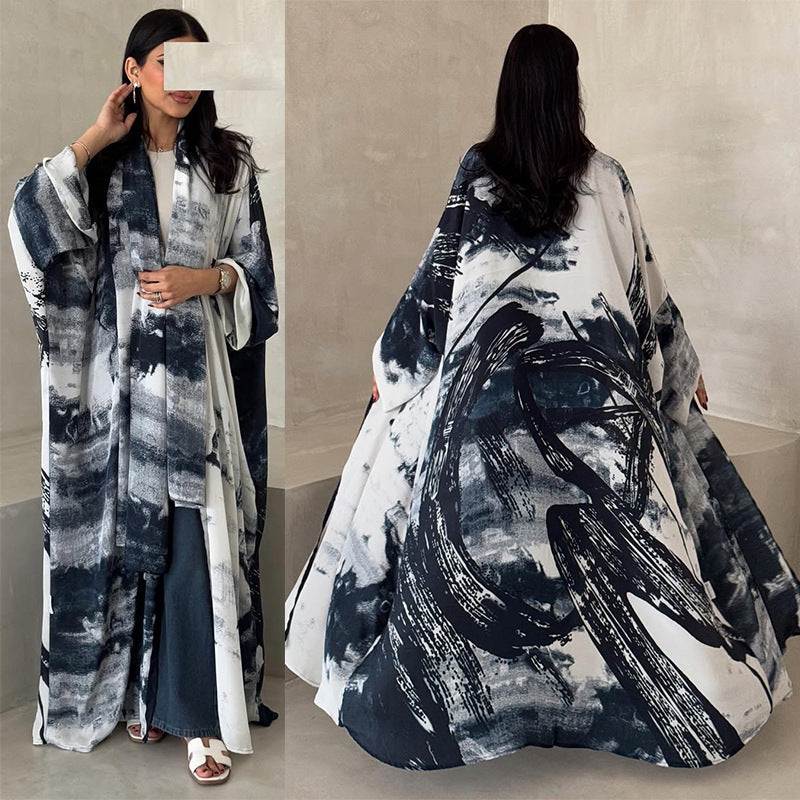 LM6638 Chiffon Printed Cardigan Two-piece Long Coat with Headscarf
