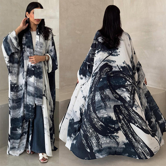 LM6638 Chiffon Printed Cardigan Two-piece Long Coat with Headscarf