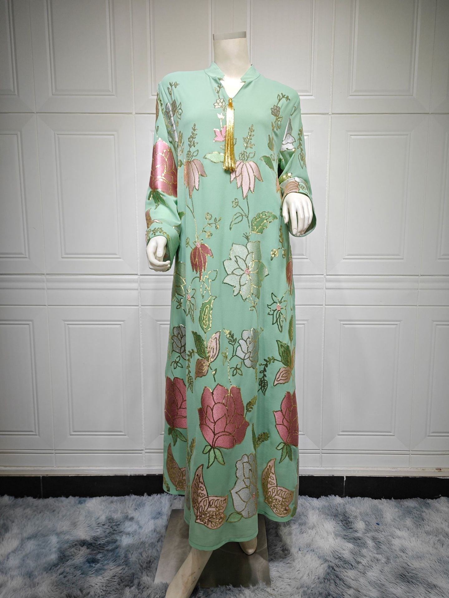 LM6649 Sequined Embroidered Tassel Long Robe, Elegant and Sophisticated Dress