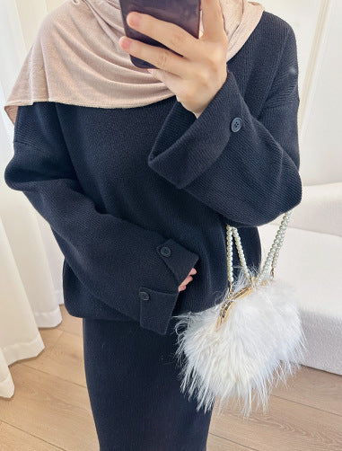 LM6597 Autumn and winter thickened knitted suit solid color two-piece suit (excluding headscarf) top + skirt