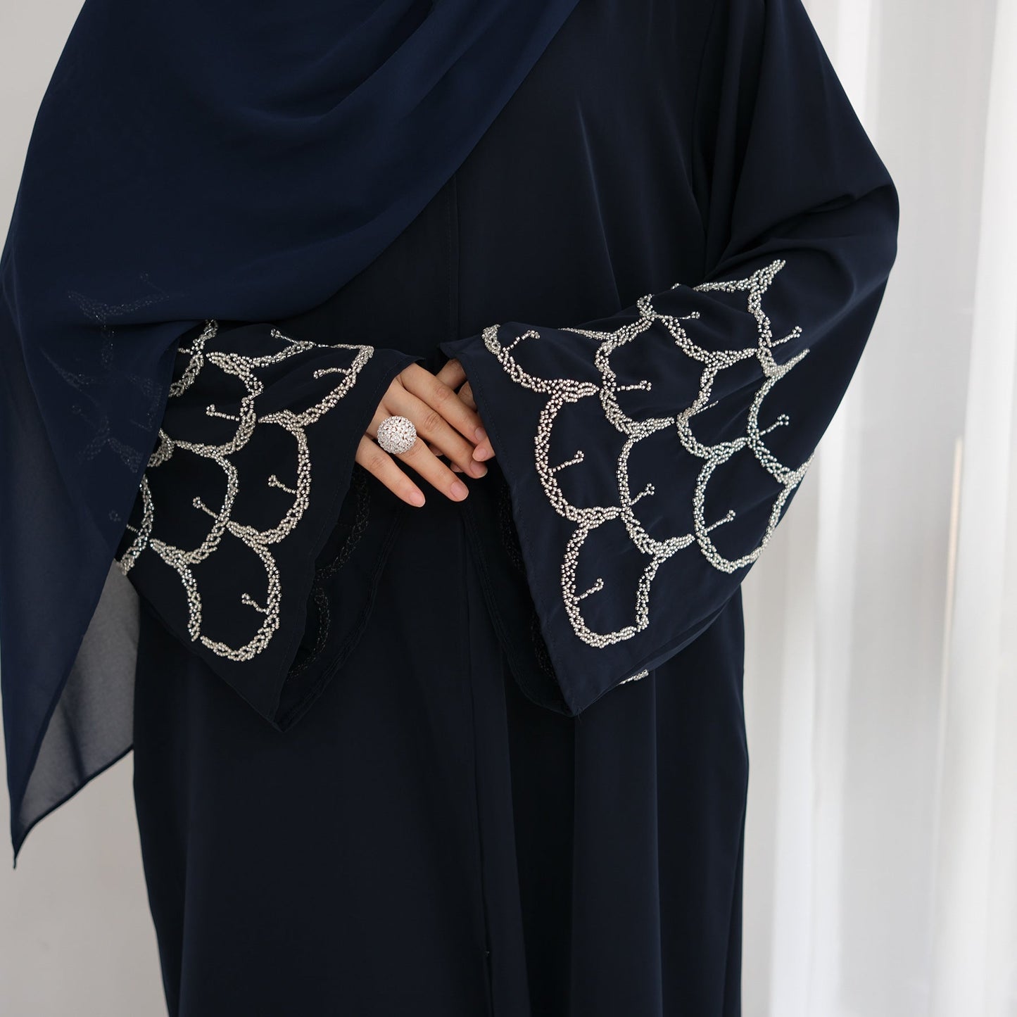 LM6608 Solid Color LMnd-beaded Long Cardigan (headscarf Not Included)