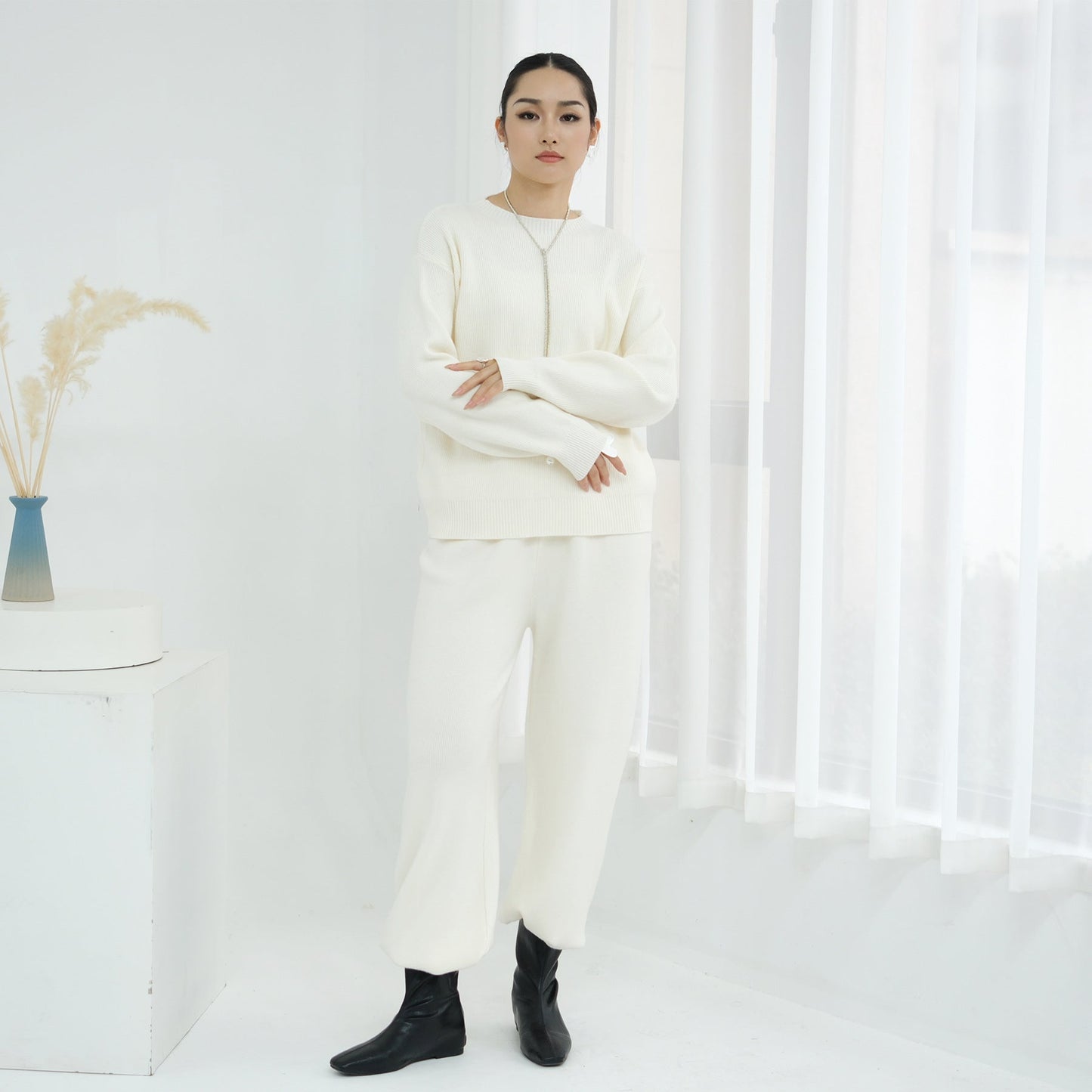 LM6595 Autumn and Winter Thickened Knitted Suit (Not Including Headscarf) | Simple Solid Color Two-Piece Suit