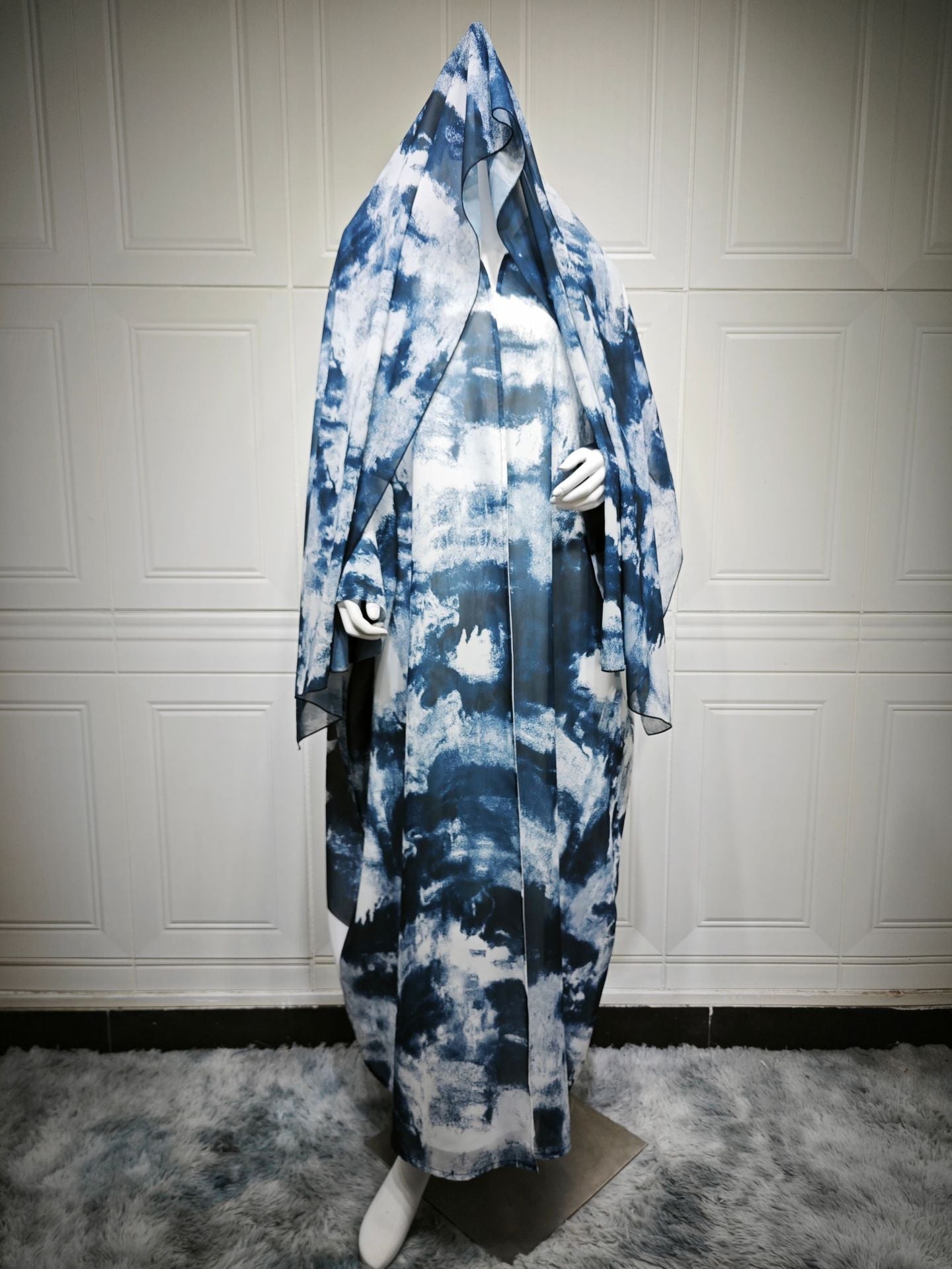 LM6638 Chiffon Printed Cardigan Two-piece Long Coat with Headscarf