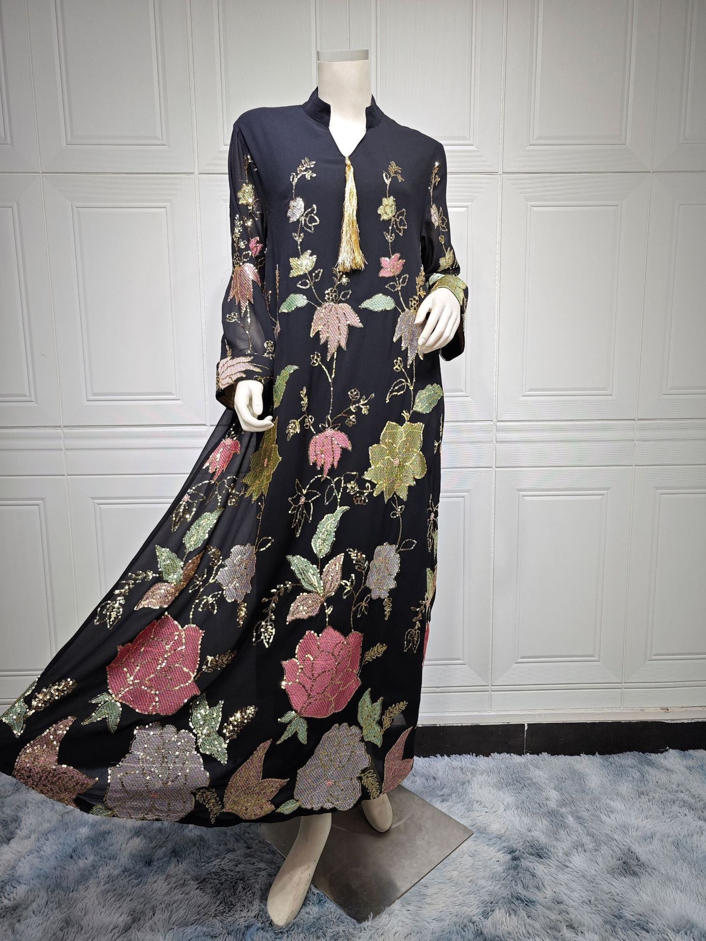LM6649 Sequined Embroidered Tassel Long Robe, Elegant and Sophisticated Dress