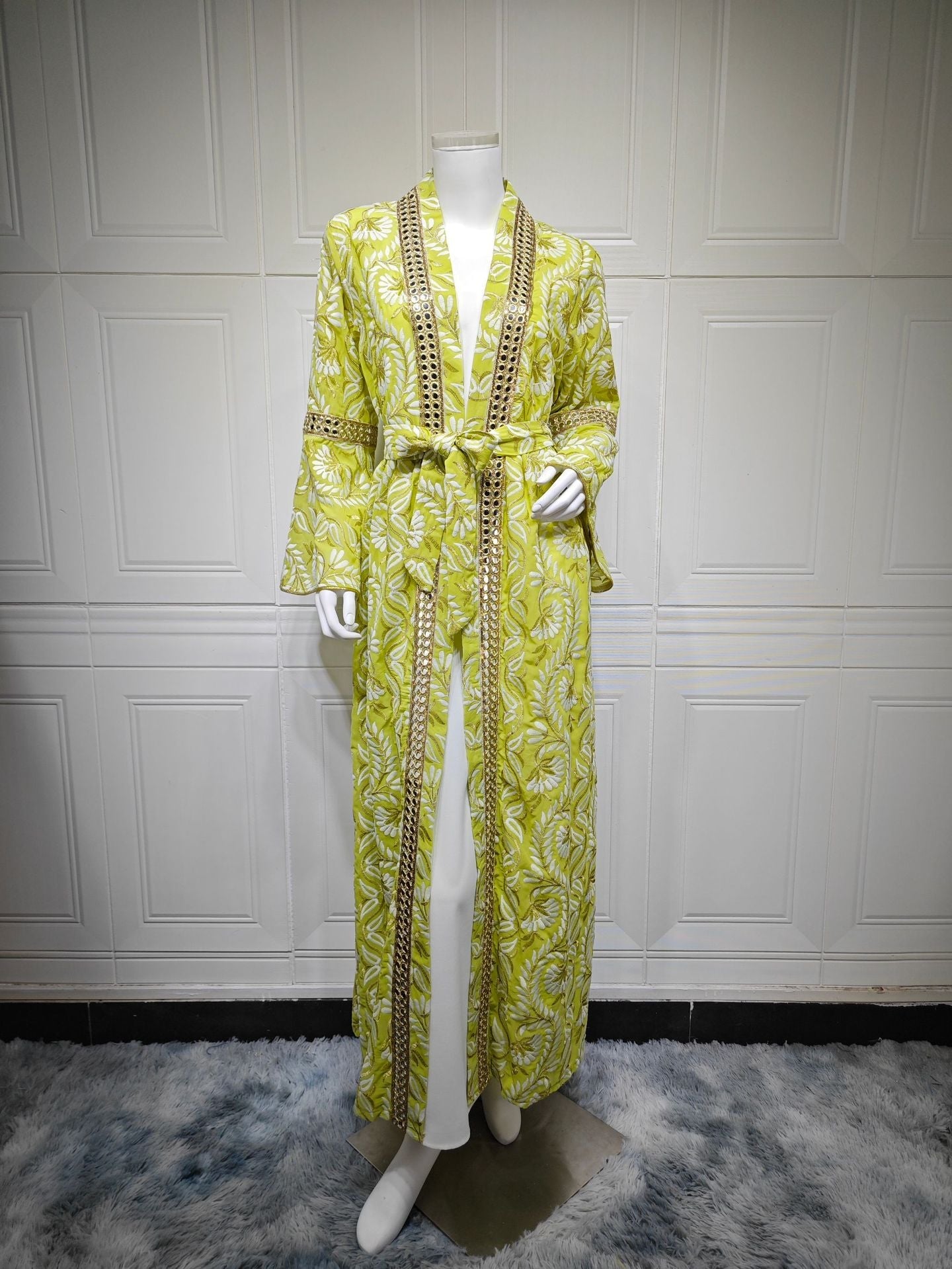 LM6664 Waist-cinching belted long dress set with lightweight printed jacket