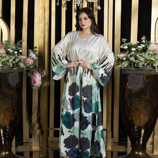LM6665 Sequined, loose-fitting long dress with print and sequin design.