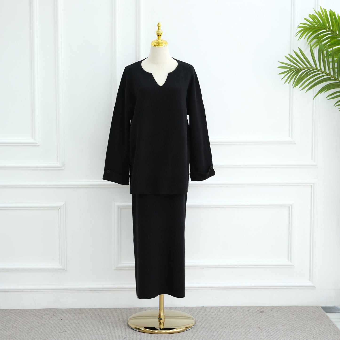 LM6597 Autumn and winter thickened knitted suit solid color two-piece suit (excluding headscarf) top + skirt